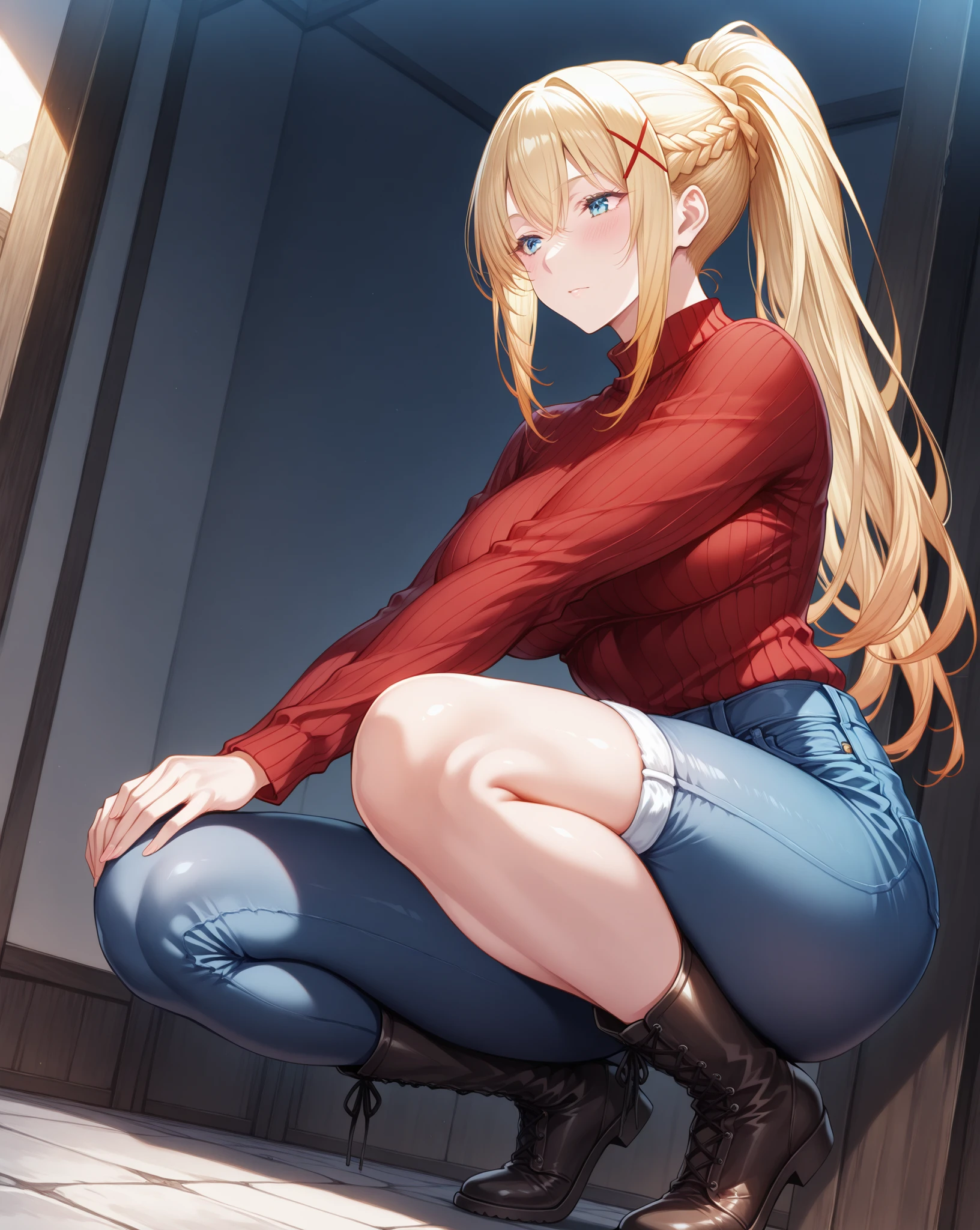 1girl,orfevre \(umamusume\),horse tail,(squatting).front view,straight-on,latex underwear,((cameltoe)),umamusume official art,anime coloring,cel shading,stylized,ai-generated,super fine illustration,intricate,beautiful eyes,masterpiece,best quality,highres,4k,8k