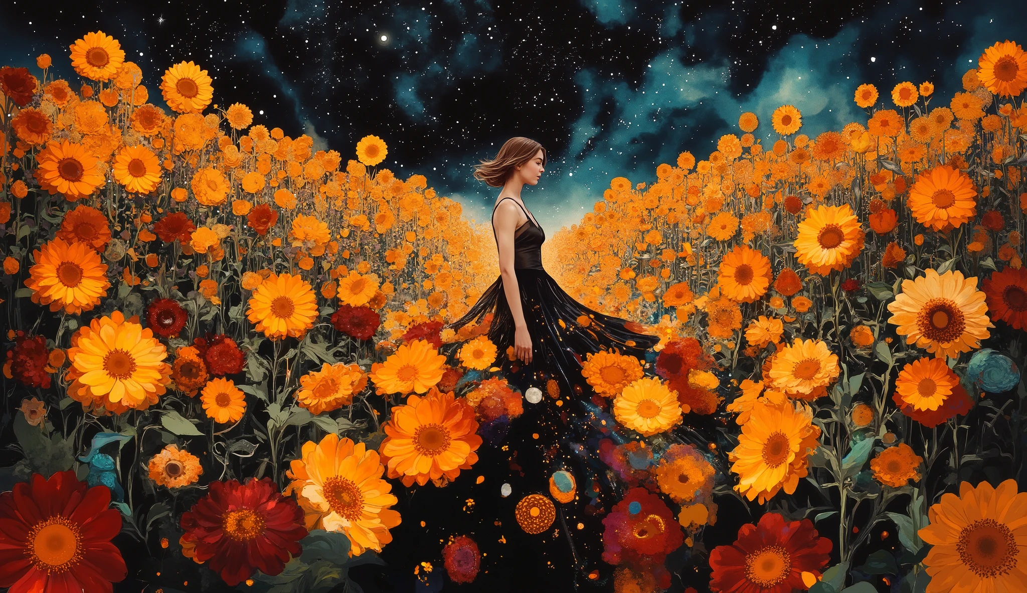 Imagine a young woman with windswept hair, standing in a field of clockwork sunflowers under a twilight sky. The sunflowers appear to be growing out of her dress, their petals swirling around her. The background features a blend of deep blacks and purples, creating a dreamlike atmosphere. The style is reminiscent of intricate oil paintings, with a touch of modern digital art, inspired by the works of Gustav Klimt and Alphonse Mucha. color palette: Ruby Red, Rich Black, Big Foot Feet, Cinnabar, Deep Coffee