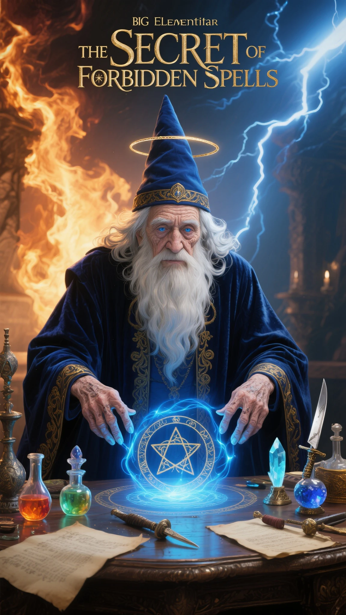 A hyperrealistic digital painting of an old wizard, 75 years old, with deep wrinkles, sharp blue eyes, long white beard, thin lips, slightly hooked nose, bushy white eyebrows, shoulder-length silver hair with a slight wave, wearing a dark blue velvet robe with intricate golden embroidery, a pointed deep-blue hat, and a thin golden circlet. His hands are bony, with visible veins and age spots. Skin tone: pale, slightly ruddy. Always the same face, hair, clothing, and colors, no variation.  
-- The wizard stands beside a heavy table covered with magical artifacts: glowing crystals, ancient knives, vials of colorful liquids, and parchment sheets. His hands arrange magical symbols, blue and golden magical light swirling above the table. Every object and facial feature is rendered with digital hyperrealism. The full Big Elementar fire, thunder Text  "THE SECRET BOOK OF FORBIDDEN SPELLS" magically extends over the film poster. 