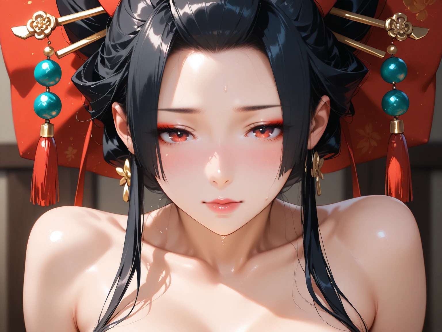 score_9, score_8_up, score_7_up, score_6_up, uncensored, Yor Briar, black hair, earrings, white hairband, hairband, long hair, sidelocks, red eyes, naughty face, shiny skin, sweating, steaming body, heavy breathing, BREAK (masterpiece:1.2), best quality, high resolution, unity 8k wallpaper, (illustration:0.8), (detailed eyes:1.3), extremely detailed face, perfect lighting, extremely detailed CG, (perfect hands, perfect anatomy), black lipstick, huge cock worshipping, licking, on face, cum in mouth, cum on tits, massive round breasts, cum drip, cum overflow, streaming to chest, drooling, saliva, oiled skin, looking up heart-shaped pupil, thick thighs, facial, cum on cock, hearts, sound effects, moaning face, large sweaty balls, enormous cock, cow-print bikini, cleavage, ,heart eyes), (african male, big black cock), hand of female head, lipstick marks on testicles, extreme deepthroat, throat bulge, mushrooms, penis bulge, bulge cheek,