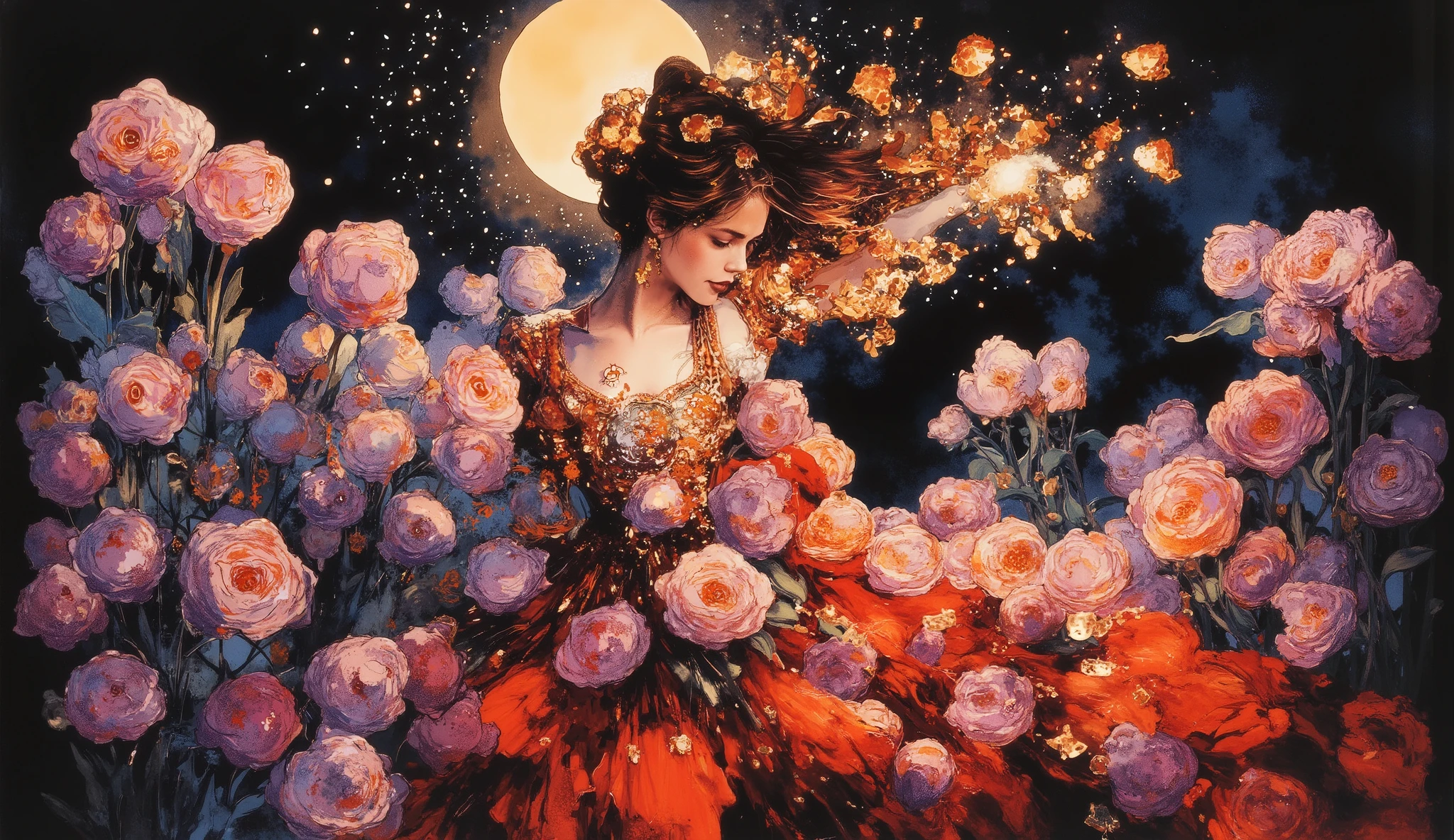 Imagine a young woman with windswept hair, standing in a field of clockwork tulips under a twilight sky. The tulips appear to be growing out of her dress, their petals swirling around her. The background features a blend of deep blacks and purples, creating a dreamlike atmosphere. The style is reminiscent of intricate oil paintings, with a touch of modern digital art, inspired by the works of Gustav Klimt and Alphonse Mucha. color palette:Rich Lilac, Pale Red-Violet, Orchid, Medium Purple, Light Carmine Pink, Thistle (Crayola)