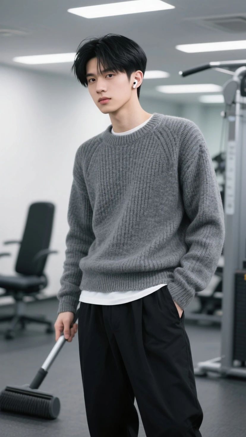 Man with short black messy hair, with round low black glasses, with phone, com camisa black sweater, with chain pants, brawny, アニメ