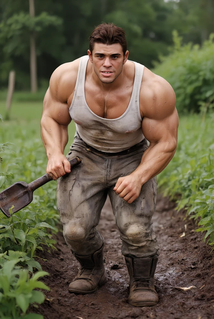 Beefy muscular naked farmer man hoeing the field