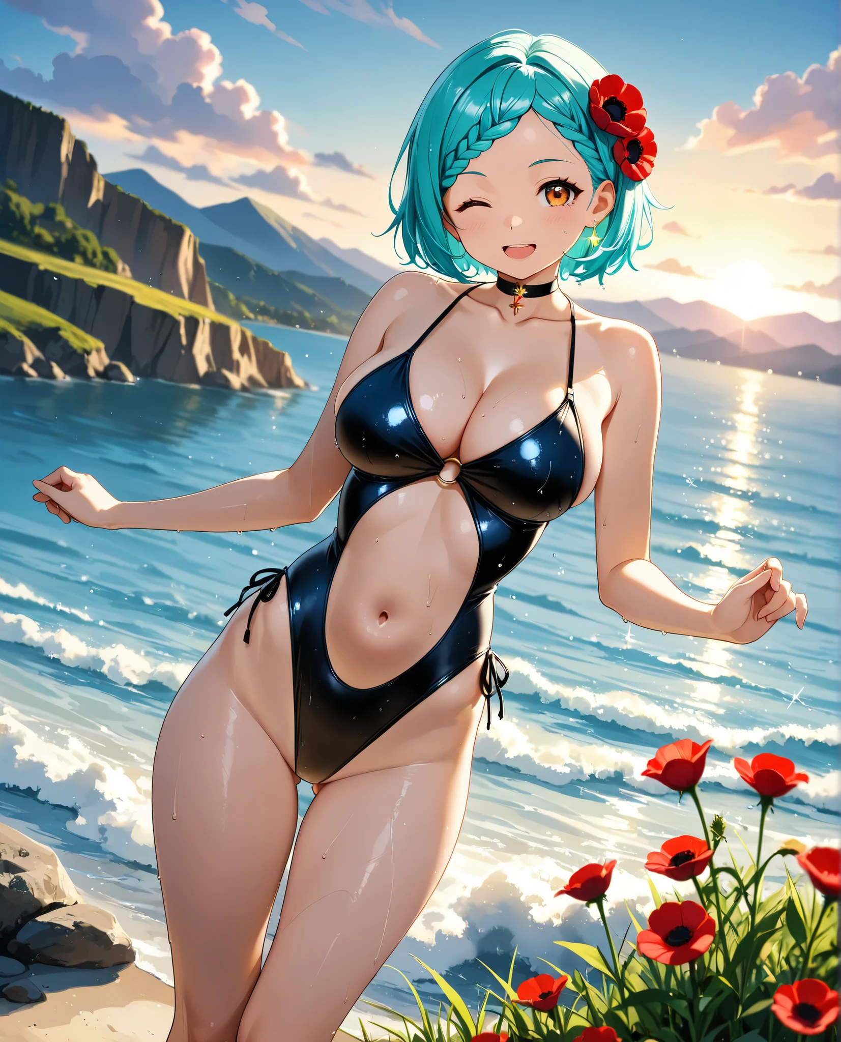 1girl, (solo:1.2), absurdres, aqua hair, short hair, braided bangs hairstyle, orange_eyes, golden_eyeshadow, large_breasts, ;d bare_shoulders breasts choker cleavage collarbone curious highleg highleg_one-piece_swimsuit jewelry large_breasts looking_at_viewer navel one-piece_swimsuit one_eye_closed open_mouth smile sparkle standing stomach swimsuit wet, cliff cloud cloudy_sky flower grass mountain mountainous_horizon nature outdoors plant poppy_(flower) red_flower scenery shore sky water white_flower