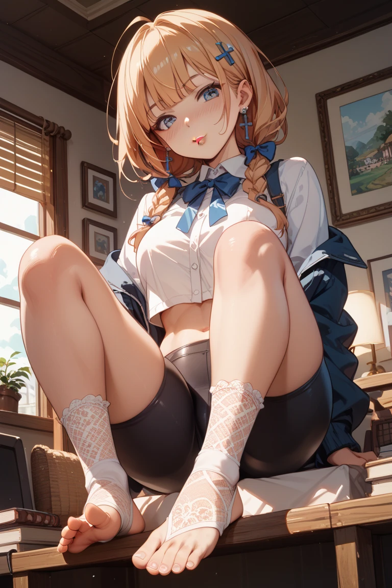 masterpiece、Soft Focus , Bright gradient watercolor、Tabletop, High resolution, 8k, Anime Women, Delicate and detailed writing 、Detailed digital illustration、high resolution, high quality、
(masterpiece, highest quality), Blonde Short Hair, (Schoolgirl uniform, Pleated mini skirt), Put the VR goggles on your eyes, Open your mouth, Hold two VR controllers in your hands, Sitting on the floor, Raise your knees, Put your knees on your chest, Spread leg pose, (White cotton panties), Camel Toe, In her room, Barefoot, barefoot, ((Show your crotch, Showing panties)),