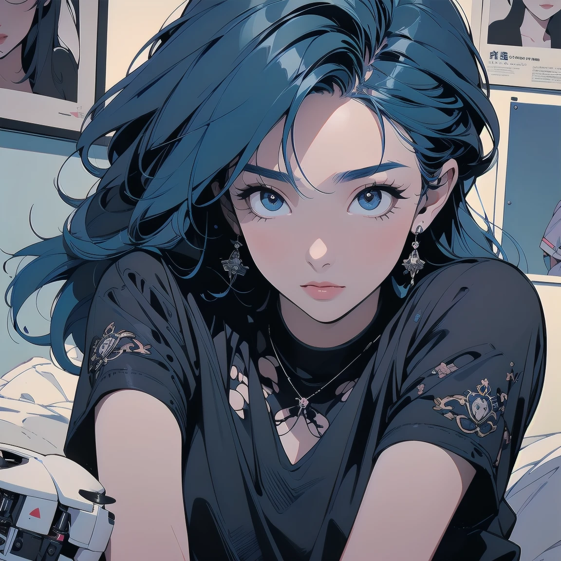 Trigun、people、Beautiful woman、Movie Posters、Upper Body、Model pose、mysterious、Small breasts、Short sleeve、(((A detailed and complex drone)))、(((The perfect drone)))、(((Blue Hair Color)))、(((Many eyeballs)))