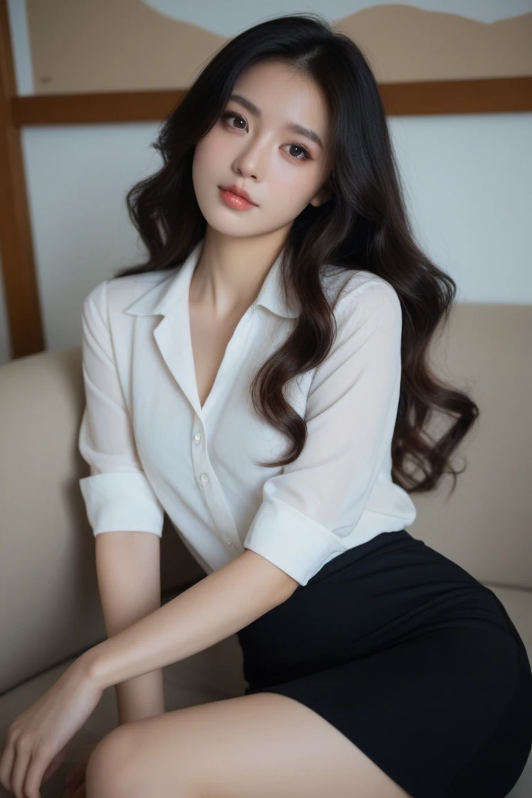 A perfect young female white-collar worker，Chinese，High picture quality，Works of masters，Black hair，Long hair flowing over the shoulders，Blured background，outside, deep shadow, Real Human，CG rendering，16k，Stand up，Empty interior，Do not show your hands，Close-up shot