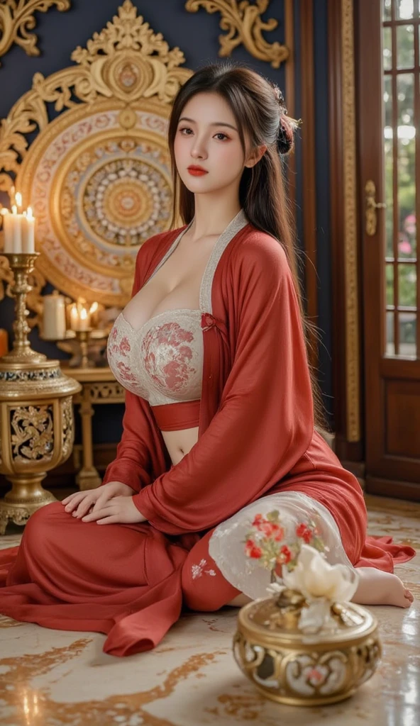 {{{masutepiece}}}, (50 year old mature woman)、{Extremely delicate and beautiful}, (Solo:1.5), (Best Quality:1.2), (超A high resolution, Photorealistic, Raw photo:1.4), 8K, Cinematic lighting, Beautiful lighting, Professional Lighting, Physically-based rendering, Photon mapping, Radio City, Detailed and Intricicated, Detail Face, High quality, nffsw、((50Japan mature woman))、big butts、Wow big、Big big、(50Year old)、Very big big、delicate and dense skin texture,,,,,,,,,,,,,,,,,,,,,,,,、Detailed red-black 、bright red lips、Crystal clear white skin、50Japan mature woman、Detailed red-black areola、detailed brown eyes、fluffy long brown hair、Voluptuous body shape、(Wearing a luxurious red velvet robe with intricate gold embroidery, paired with a satin camisole and lace-trimmed shorts underneath)、Gorgeous accessories、gorgeous hair decoration、in bedroom
