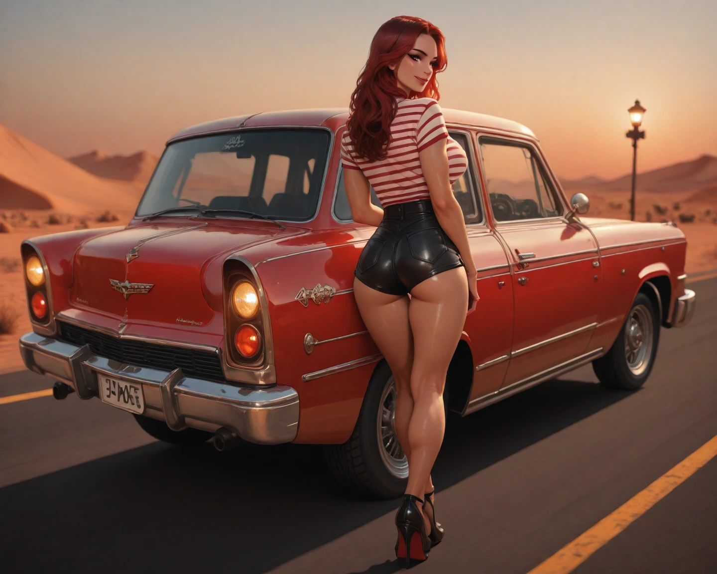 (Best quality, 4k, Masterpiece :1.3), beautiful woman, hyper realistic, 1girl, (droopy breasts, attractive body :1.2), sit-ups :1.1, Icaru valkirie-mecha, Beautiful cyberpunk woman wearing crown with her red and blue mecha in ruins of a forgotten war city, long red hair, sci-fi technology, HDR (High Dynamic Range), ray tracing, nvidia RTX, super resolution, unreal 5, subsurface scattering, PBR texture, post-processing, anisotropic filtering, detailed lips, detailed eyes, double eyelid, tight short pink bra, open neckline, hanging breasts, side pose, visible curves, on the street, light blue and tight short jean shorts, muscular turned leg, Big breasts, light green eyes, pink high heels, open sky with sun, smiling, big ass, standing on his back looking back, show more ass, hands on ass, freckles on face, freckles on ass --auto