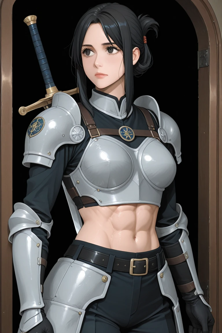 (high resolution, pixel perfect, gorgeous illustrations), (hyper quality, muste piece, etheric: 1.4), ((nsfw)), (((cowboy shot))), face focus, ((1girl)), (((Androgynous))), ((((sexy pose, open stance)))), cool atmosphere, black hair, ((((bob cut)))), (((Exquisite face))), blush, ((female)), (ideal ratio body proportions, slender, small breasts), (((armor, thong))), sweat, shiny skin, gleaming skin, simple background,