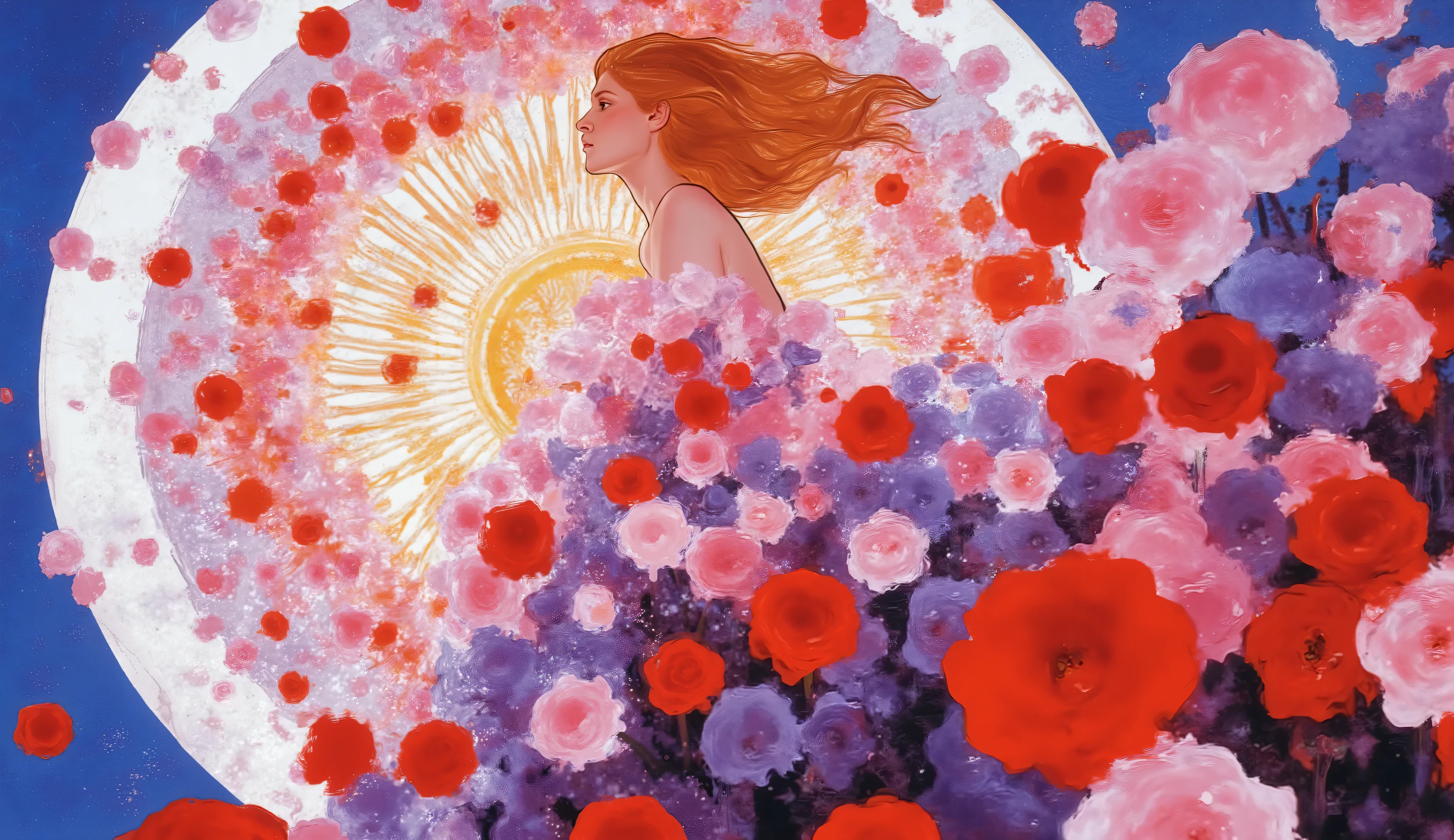Imagine a young woman with windswept hair, standing in a field of clockwork tulips under a twilight sky. The tulips appear to be growing out of her dress, their petals swirling around her. The background features a blend of Medium Purple and white, creating a dreamlike atmosphere. The style is reminiscent of intricate oil paintings, with a touch of modern digital art, inspired by the works of Gustav Klimt and Alphonse Mucha. color palette:Rich Lilac, Pale Red-Violet, Orchid, Medium Purple, Light Carmine Pink, Thistle (Crayola)
