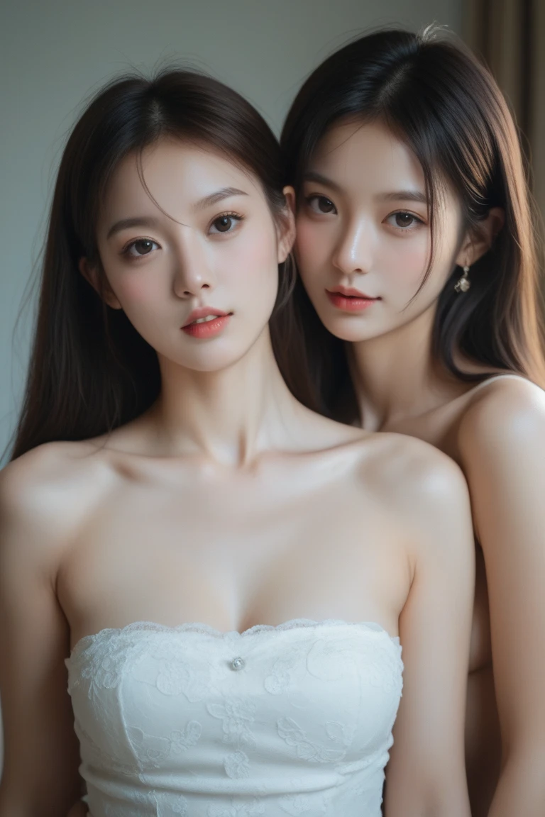absurdres, RAW photo, extremely delicate and beautiful, masterpiece, Best Quality, ultra high resolution, 16k, hyperrealistic, ultra-detailed, Very detailed CG 8k wallpaper, Beautiful Lighting, Perfect Lightning, Realistic Shadows, perfect anatomy, super Detailed skin, perfect figure, Japanese woman, late 20s, very Slim body, narrow waist, very small head, handsome detailed woman, very detailed eyes and face, realistic face proportions, Stunning detailed eyes, Realistic beautiful face, very small face, Realistic small beautiful eyes, tearful mole, mole on chest, earring, bare legs, beautiful and very thin legs, beautiful and very thin thighs, (((very huge round breasts))), (full body shot), (short hair), wavy hair, (((wedding dress))), (midriff peek), (sleeveless), (yuri), (((2 girls))),