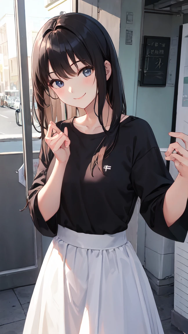 ((Highest quality)), (detailed), Perfect Face、((Highest quality)), (detailed), Perfect Face、Work as a manager at a popular cafe, 3、In a café in the daytime, ((Stand and show)), Spread your legs, ブラウス, ID card hanging from neck, Take off your black panties、 Holding the panties you took off in your hands、Angle from the front、((She has panties、Showing it to me。:1.5))、((Erect nipples: 1.1)), (( Small breasts :1.5 )), ((Small round areola :1.3, ライトピンク:1.3 )), (((スカートめくり, ズボンがない, Genitals are visible))), ((masterpiece)), ((masterpiece))