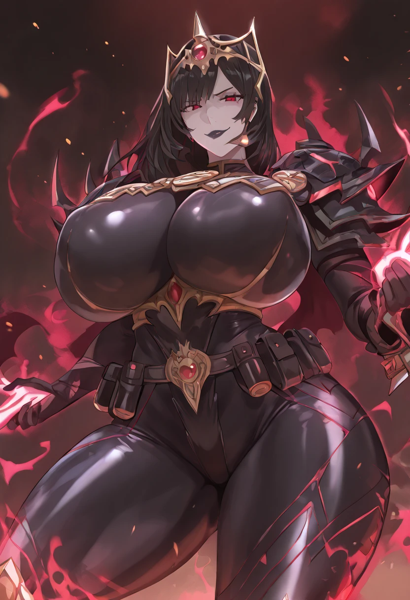 Red skin succubus tiefling, ((breast expansion, motion lines)), digitigrade legs, full breasts, huge breasts, black horns, wings, huge tail, black leather, crop top, long flowing pelvic curtain, tall, toned, graceful, thin, long black ponytail. Action scene, whip. Dark scene, explosions, night sky.