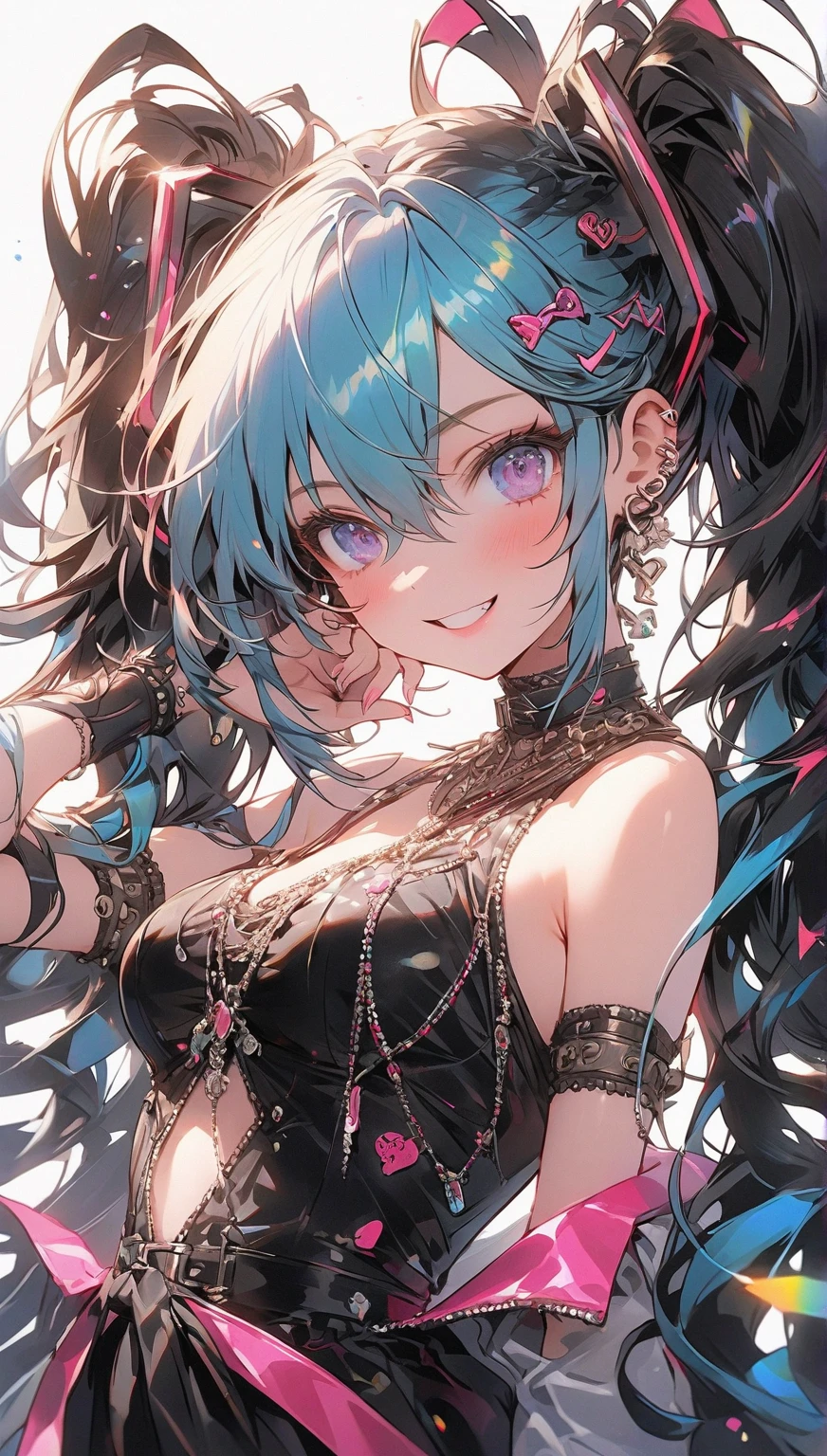 ((appearance々Colorful rainbow hair with mixed colors)),((Curled Hair)),(Bewitching smile),((Eyes with a mixture of colorful colors)),(balloon sleeve long sleeve clothing),(plaid long sleeve tops),((colorful long vest),((Shining corset with sequins)),((pov from down)),Slight red tide,((I put my hand on my face and scratch it)),((looking at me、she dressed boldly.)),((Covered with rainbow colorful roses))(Vampires),((long fangs)),blood stains on the mouth,(((close up of face))),((Collars and necklaces decorated with roses)),(Rainbow-colored oversized moonlit night),((Late night outdoor)),(The whole thing is enveloped in a faint light),((breast closeup)),
