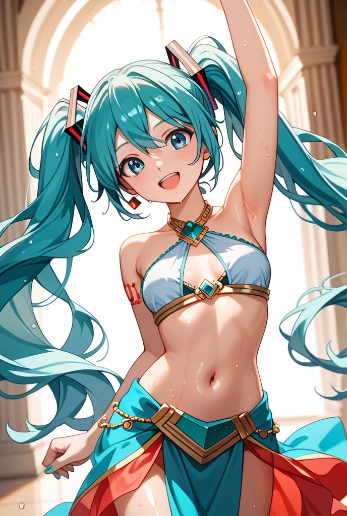 (masterpiece、highest quality、highest quality、Official Art、Beautiful and beautiful:1.2)、(One girl:1.3)Hatsune Miku、Twin tails,Big Breasts,Illustration of a dancing belly dancer、アニメWindイラスト, High resolution, Super detailed, (One girl:1.3), (Dynamic pose):1.0 break, Cowboy Shot, (Pale skin:1.3), ((Detailed blue eyes)), (Bokeh effect), (Dynamic Angle), 1 Very beautiful and charming anime wife in competition dance hall, (Wearing a royal blue satin belly dancer costume:1.37), break, 彼女は金髪のウェーブのかかったTwin tailsの髪型をしています, Medium Breasted, thin, A light smile, Happy, Wind, 8 Life-size, Detailed clothing, Detailed body, Detailed Weapons, Human hand, Fine hand, Perfect Nose, blush, A light smile, Pink Lip Gloss, Looking at the audience, Facing the audience, Sexy model posing, Studio Soft Light, Cinematic Light, Detailed Background, Realistic, ultra-Realistic, masterpiece, 32K Ultra-Clear Images, Japanese anime waifu, Concept art by Kyoto Animation, makoto shinkai,