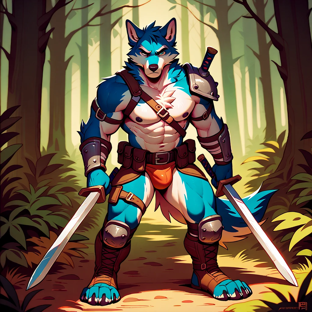 Sexy furry young anthro wolf male, gay, kinky, muscular model male apperance, sexy furry warior, headband shagy shag hairs, worn out skimpy leather armament, low on hips leather belt with worn out skimpy brown leather jockstrap, leather heavy harness armor, leather bondages, leather anthro feet boots, fingerless leather gloves, blooded curved sword in hand, dirty playfull smile, forest ruins, standing in sexy fighting position, close view of full character
