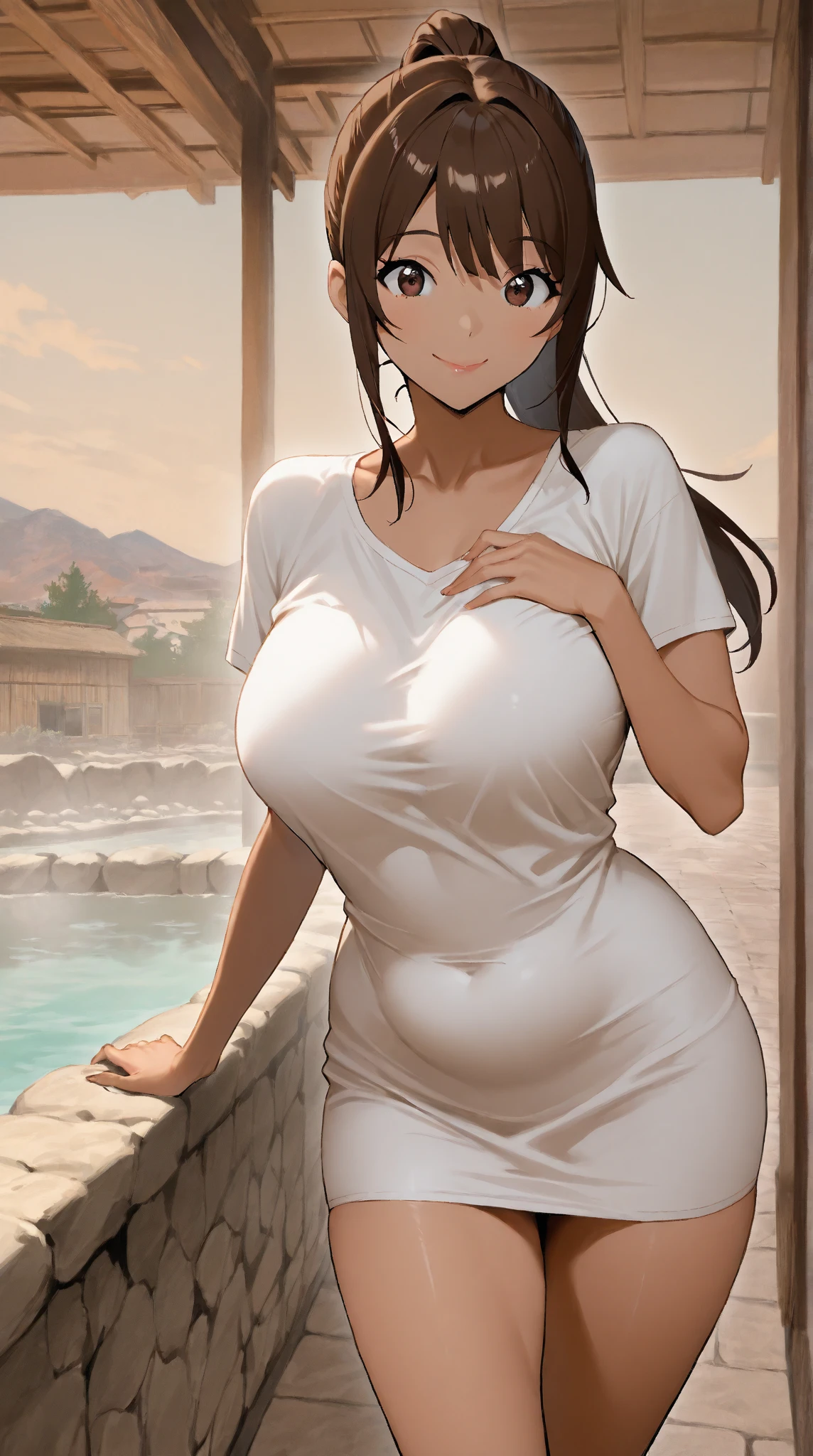 (melhor qualidade:1.3), (qualidade 4K), good composition, green glowing light, full body, head rest, lips, (pretty face, low-tied long hair, ((red_eyes:1.3)), (day:1.2),yor, Grinning smile) ,(((blush))))), (detailed lighting, extremely detailed skin, extremely detailed hair, shadows, 8k), looking at viewer, (High Key Lighting), jewelry, large_breasts, huge breasts, sagging breast,,mature woman, , wet, sweating, blushing, wearing towel,black towel, , entrance, garden, upper body, hands to hips,