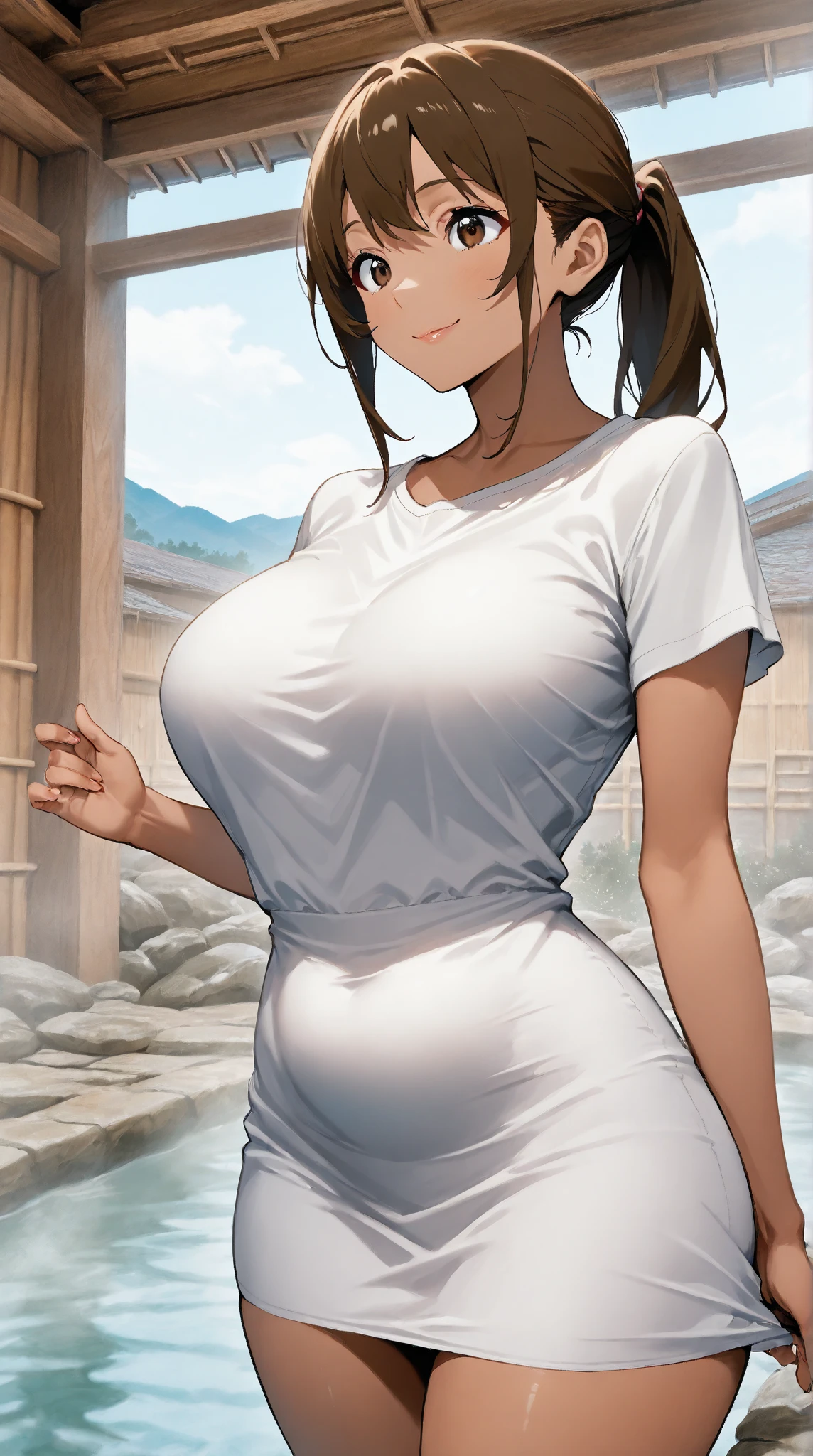 masterpiece、best quality、high resolution, outdoor, ((outdoor park)), High-quality images、8k, 1 female、Skin radiance、Skin and clothing textures、Delicate eyes and expressions、Shiny hair, Girl with long brown hair, Comics inspired by Lee Jong Suk, Popular on deviantart, realism, Detailed comic style, Comic art style, Perfect Line Drawing, Beautiful line drawing, Digital Comic Art Girl, K-pop idol, Nice brown eyes, Full lips, detailed gorgeous face, (Lovely smile), attractive, Innocent, side view, (Perfect facial details), (Beautiful hands) True-to-life imagery, Written border depth, Japanese Princess Haircut, ((Best Sunday Dresses, Women&#39;s shirts)), Tight waist
