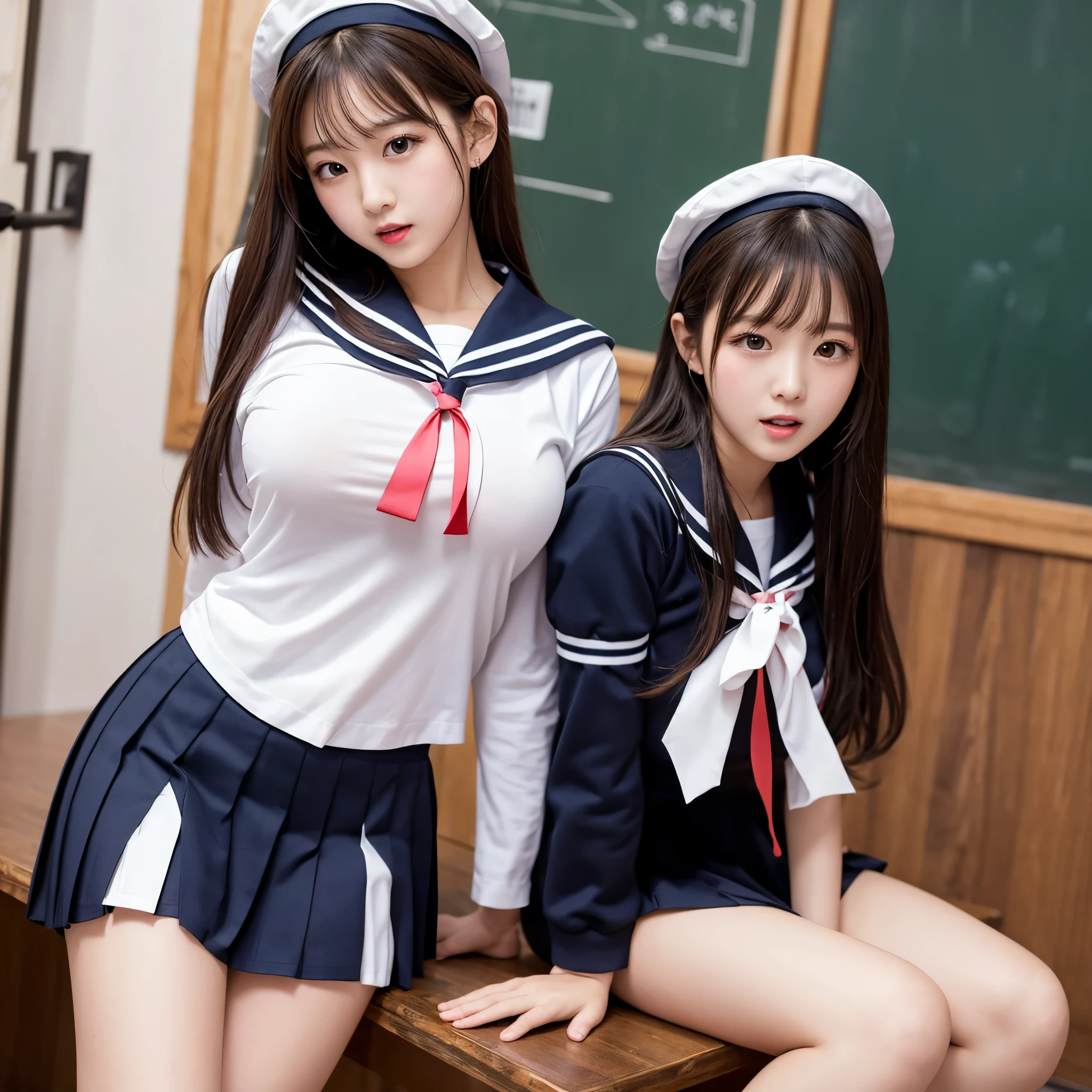 2 girls walking in school classroom,navy blue unitard with sailor collar,break,18-year-old,bangs,a little smile,thighs,knees,break,short hair with low pigtails,from before,front light