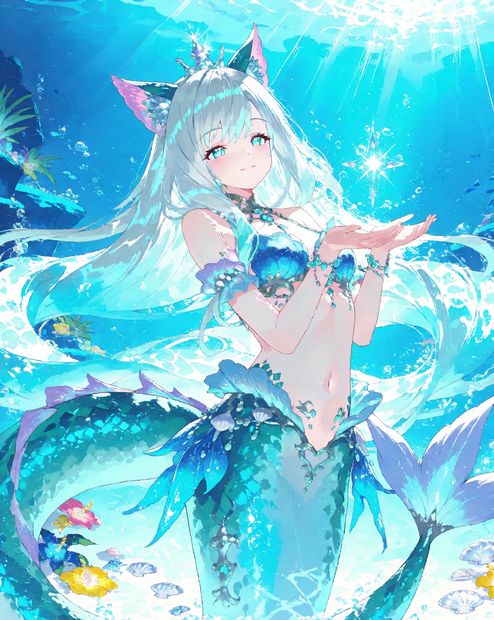 (1 man),White color hair,blue color eyes,Mermaid ears,Mermaid tail,The background is the bottom of the sea,merfolk,ssmile,facial closeups,