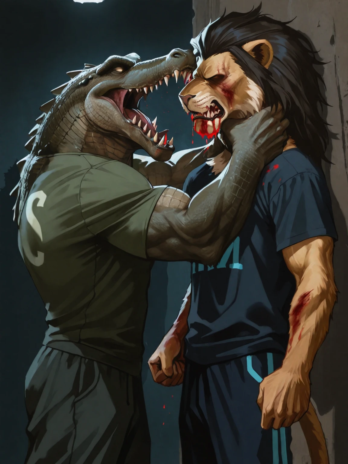 Highly detailed digital vector cartoon illustration of a very angry and muscular anthropomorphic crocodile wearing a green sports t-shirt, aggressively grabbing and strangling the neck of a muscular anthropomorphic lion in a rather bright dark blue sports t-shirt. The crocodile is strangling the lion with both of its hands. The lion's facial expression appears frightened and battered and bruised over its eyes, with blood dripping from its mouth. The scene is tense and dramatic, emphasizing a strong pose and an expressive face. Designed with thick outlines, sharp shadows, and high detail in fur texture and muscle definition, in a vibrant and intense anime cartoon art style.
