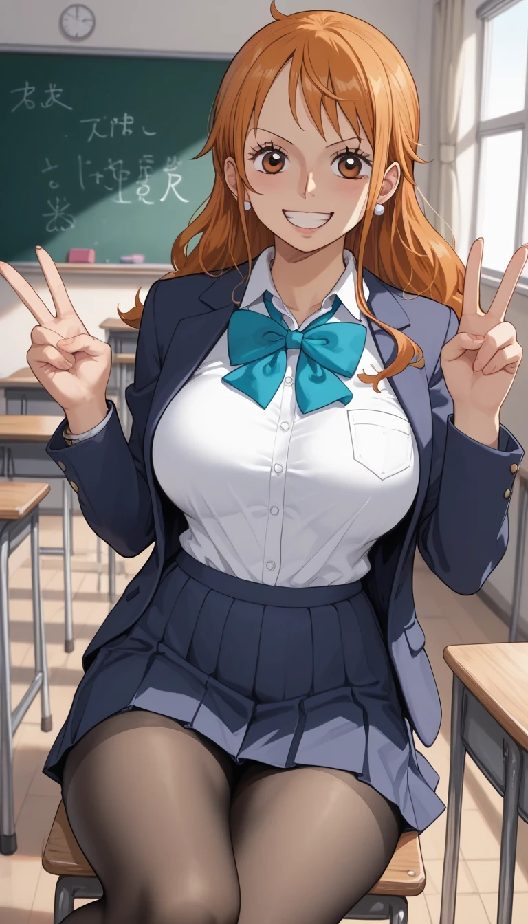 score_9, score_8_up, score_7_up, source_Anime Top Quality、8k、 masterpiece、super high accuracy、 natural light、perfect anatomy、one woman、Big Breasts、saggy breasts:1.7、one piece、nami、( Happy Expression )、school uniform、blazer、ribbon、miniskirt、pantyhose、(school classroom)、V sign