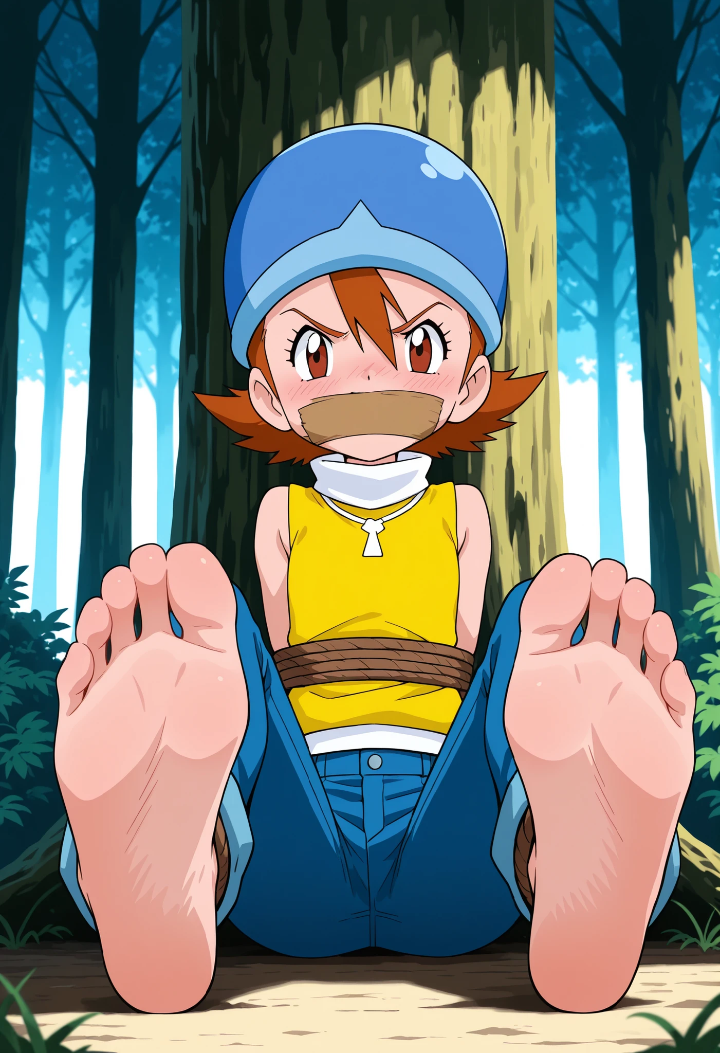 core_9 , score_8_up , score_7_up , source_anime , prefect lighting , very aesthetic , intricate details , highly detailed background , high quality , prefect hands , best quality , 1girl , digimon , sora takenouchi , short hair , brown eyes , helmet , blue headwear , yellow t-shirt , sleeveless , white high collar , jeans , outdoors , forest , tree, looking at viewer , angry , blush, sitting, barefoot, foot, toes, soles, foot wrinkles, highly detailed soles, showing her soles to the viewer, each foot has exactly five toes, foot focus, arms behind back, bondage, bound arms, bound legs, bound torso, rope, brown rope, gagged, tape gagged