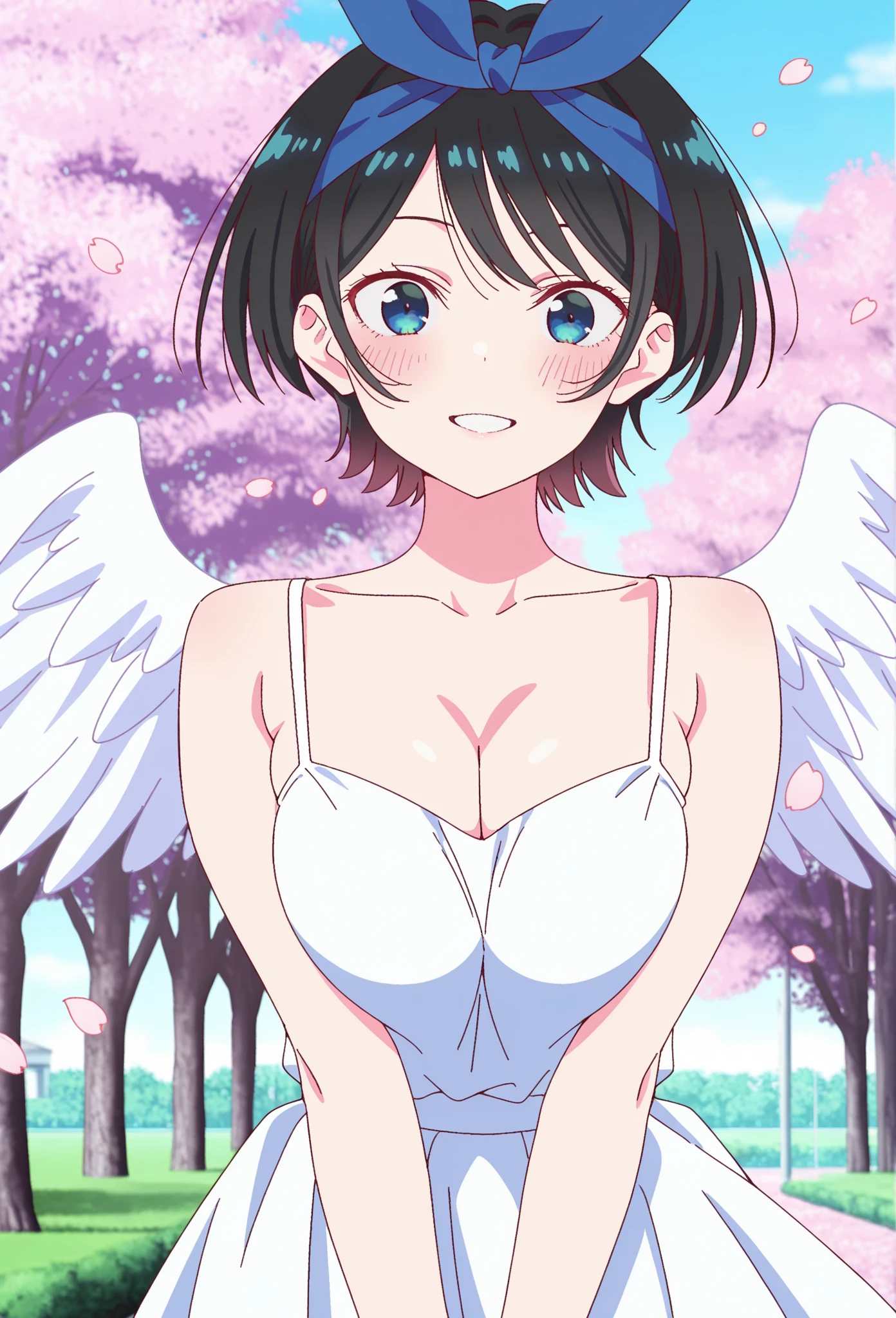 Beautiful sky, light, (masterpiece, top quality; 1.3), super detailed, 1 girl, solo, fina grandia, watch viewer, smile, kiki, red ribbon, big, cleavage, black coat, blue sky, black cat, riding a broom, flying in the sky, lifted by self, skirt lift, panties, thighs, gigi sexy, off-shoulder, bare shoulders, closed mouth, makeup, lipstick, ( wet crotch: 1.3),