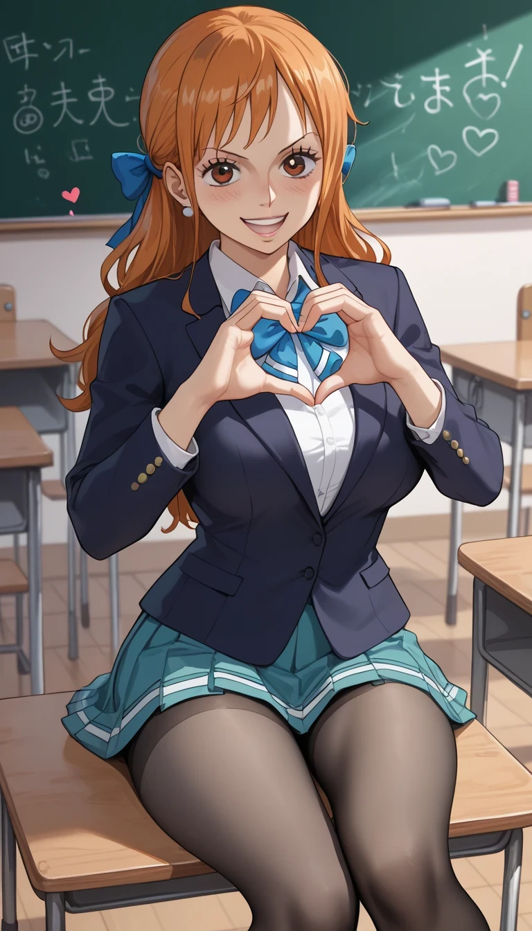 score_9, score_8_up, score_7_up, source_Anime Top Quality、8k、 masterpiece、super high accuracy、 natural light、perfect anatomy、one woman、Big Breasts、saggy breasts:1.7、one piece、nami、( Happy Expression )、school uniform、blazer、ribbon、gray miniskirt、pantyhose、(school classroom)、Heart Hands