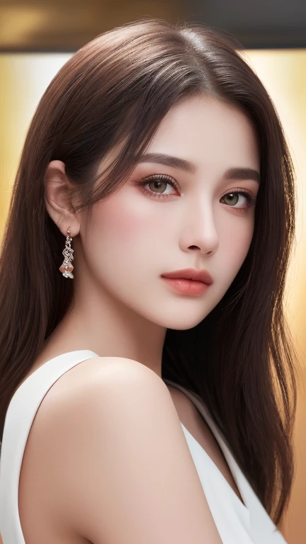 ((A beautiful woman in a cardigan)),Body Portrait、8K,Eyes in Beautiful Details,dingdall effect、masterpiece, top-quality, hightquality, hight resolution、hyperdetailed photo、(natural skin textures、Detailed skin、Hyper-Realism、ultra sharpness)、high-detail skin、(ighly detailed、detailed skin textures、intricate detailes、beautiful expression、(Lifelike face)、realisticeyes、beatiful detailed eyes、real looking skin、Beautiful skins、A hyper-realistic、ighly detailed、the golden ratio、With smiling eyeoonlight background at night))、Body Portrait、(Curly hair in braids、Bun1),big breasts, cleavage close up, breast close up