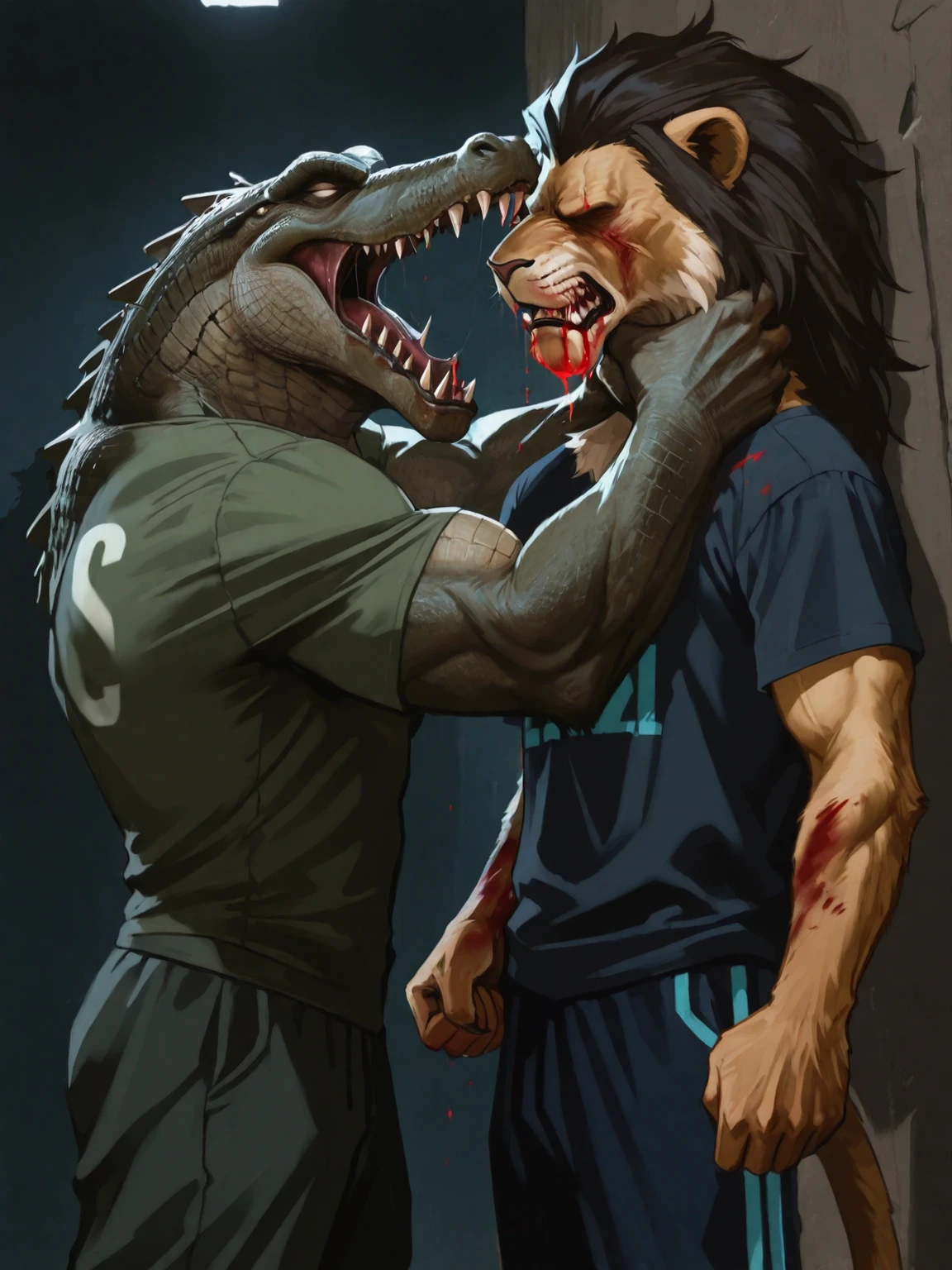 Highly detailed digital vector cartoon illustration of a very angry and muscular anthropomorphic crocodile wearing a green sports t-shirt, aggressively grabbing and strangling the neck of a muscular anthropomorphic lion in a rather bright dark blue sports t-shirt. The crocodile is strangling the lion with both of its hands. The lion's facial expression appears frightened and battered and bruised over its eyes, with blood dripping from its mouth. The scene is tense and dramatic, emphasizing a strong pose and an expressive face. Designed with thick outlines, sharp shadows, and high detail in fur texture and muscle definition, in a vibrant and intense anime cartoon art style.
