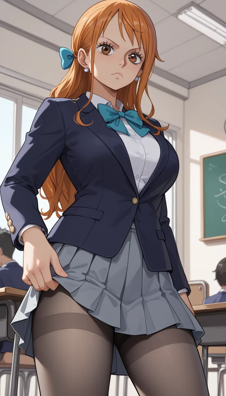score_9, score_8_up, score_7_up, source_Anime Top Quality、8k、 masterpiece、super high accuracy、 natural light、perfect anatomy、one woman、Big Breasts、saggy breasts:1.7、one piece、nami、(expressionless)、school uniform、blazer、ribbon、gray miniskirt、pantyhose、(school classroom)、shot from below