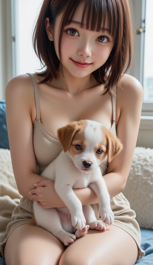 Beautiful girl playing with a puppy, 14 years old, (Highest quality:1.4), (Very detailed), (Very detailed美しい顔), sit, avert your eyes, smile, White T-shirt, Great face and eyes, iris, Medium Hair, The Beauty of Japan, (Skinny body type:1.3), (Flat Chest:1.3), (toy poodle:1.3),Smooth, Very detailed CG synthesis 8k wallpaper, High-resolution RAW color photos, Professional photography, Light, BackLight, dream-like, impressive, Written boundary depth, Bedroom, (Shooting from below:1.2)