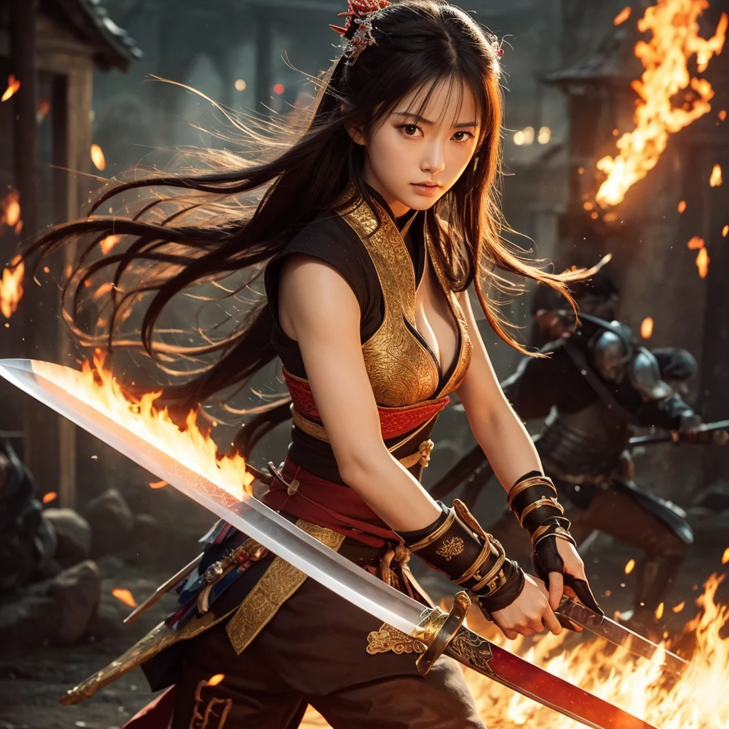 (Japanese sword &reference;Muramasa 2&reference;.0)Beautiful 27 year old woman、Tie your hair back、Hair ornament artist、Warrior、Clear Eyes、Arm tattoo、Warrior、(Japanese swordを両手で構える、1.2)(Japanese sword)Middle posture、whole body、On one knee、One sword and two cuts realistic fighting scene、敵Warriorの返りBlood、Blood、High resolution、Highest quality、Very detailed、8k、background、