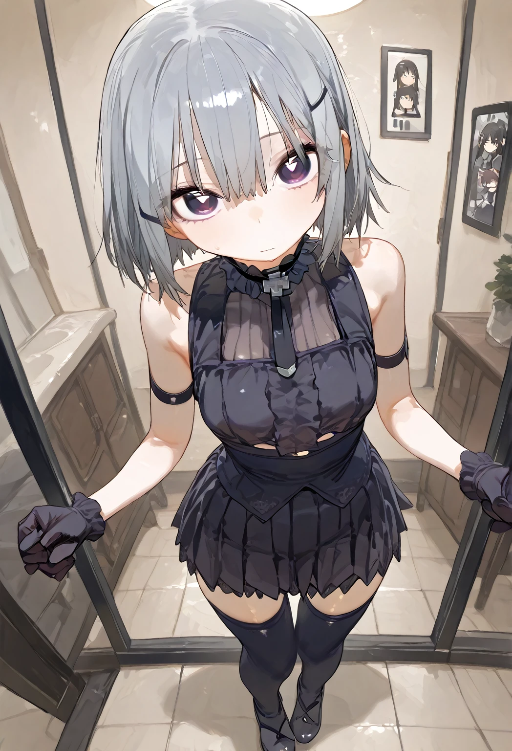 Hands behind back,stand,Straight Stand,open mouth,tongue out,cum on tongue,1girl,(((()))),Short,slender,small breasts,front face,(from front),(looking down:2),(from above),front view,cowboy shot,Black Hair,Short Hair,one side up,Gray Eyes,Drooping eyes,slit pupils,narrow eyes.Mischievous smile,Sheer black and sky blue negligee,Sexy Lingerie,Collar with leash,Dimly lit room,Gray wall,Dim lighting,Beautiful and detailed anime art,