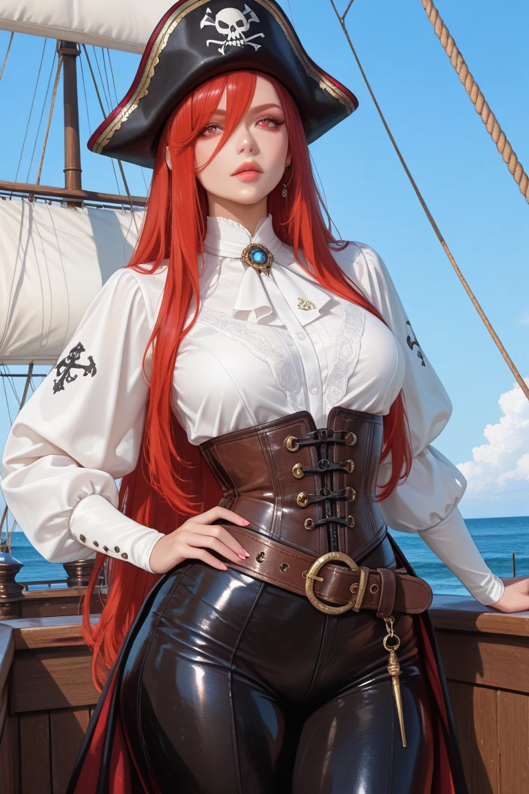 A mesmerizing, hyper-realistic drawing of a fierce red-haired female pirate dressed in a sultry latex red and white ensemble. She exudes an intriguing blend of sweetness and seduction, with her piercing gaze and a mischievous smile. The pirate's outfit features a skin-tight corset, knee-high boots, and an ornate belt adorned with gold and jewels. She holds a flintlock pistol and a cutlass, standing on the deck of a ship with the ocean and sky as her backdrop.