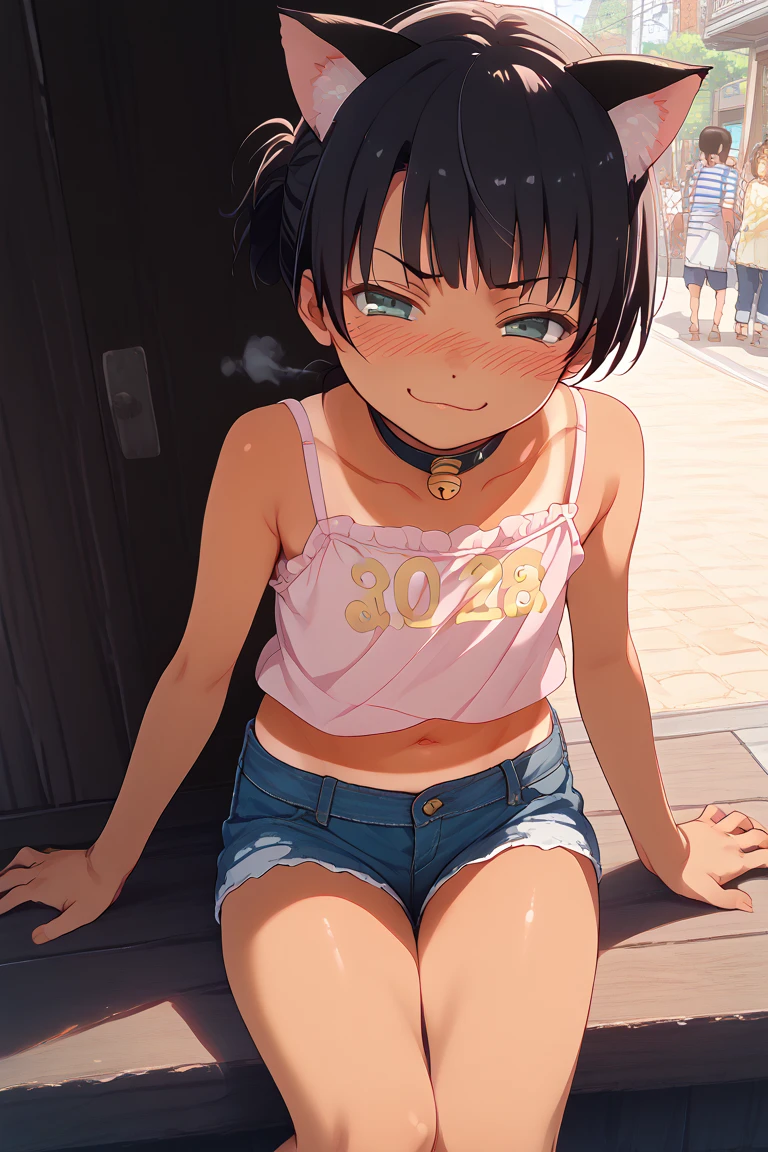 masterpiece, best quality, 3girls, , (petite), dark skin,
seductive smile, sitting, naked hoodie, flat chest, nipples, Navel, micro shorts, open zipper, against the graffiti wall, slum townscape, outdoor,