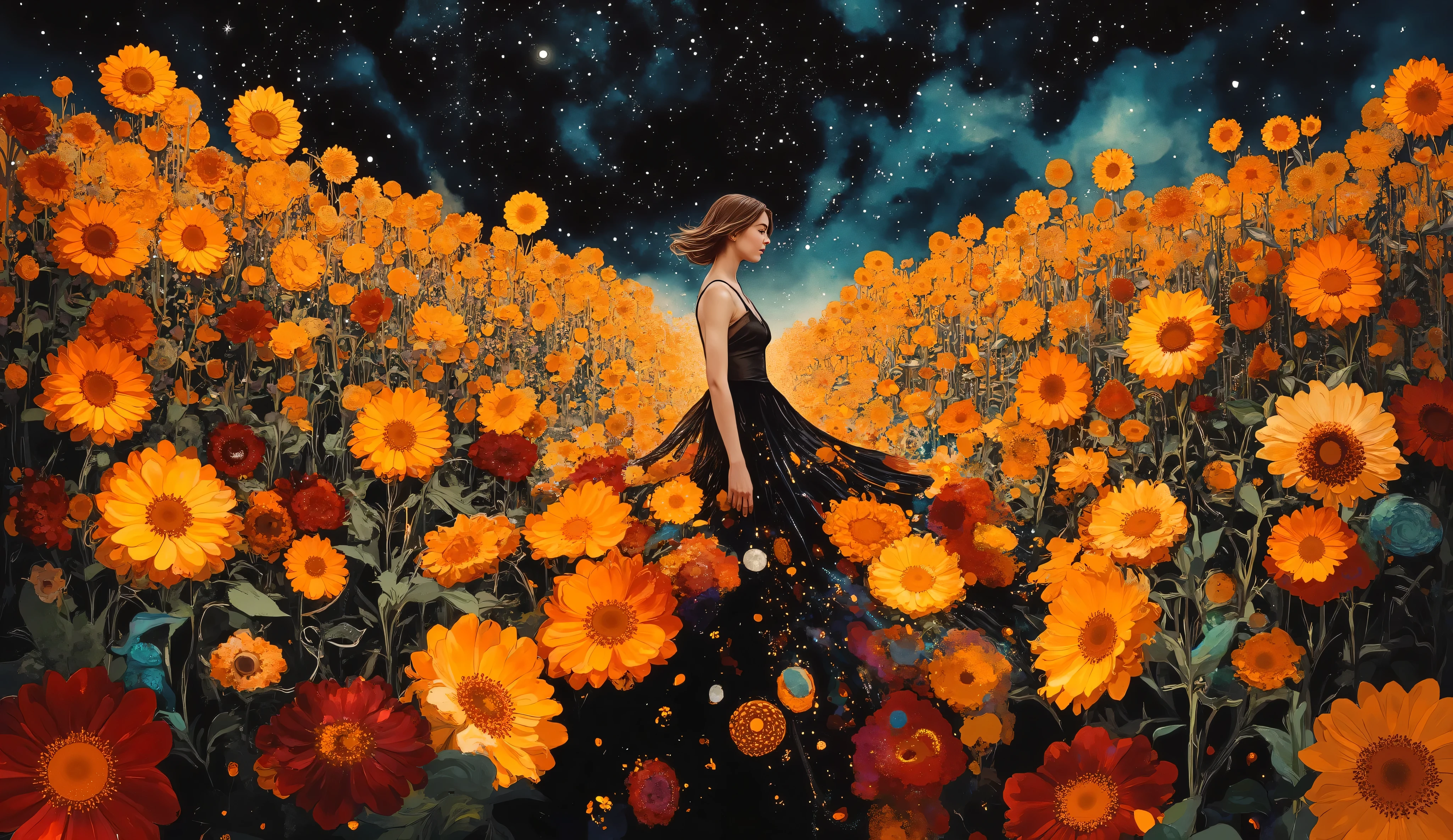 Imagine a young woman with windswept hair, standing in a field of clockwork sunflowers under a twilight sky. The sunflowers appear to be growing out of her dress, their petals swirling around her. The background features a blend of deep blacks and purples, creating a dreamlike atmosphere. The style is reminiscent of intricate oil paintings, with a touch of modern digital art, inspired by the works of Gustav Klimt and Alphonse Mucha. color palette: Ruby Red, Rich Black, Big Foot Feet, Cinnabar, Deep Coffee
