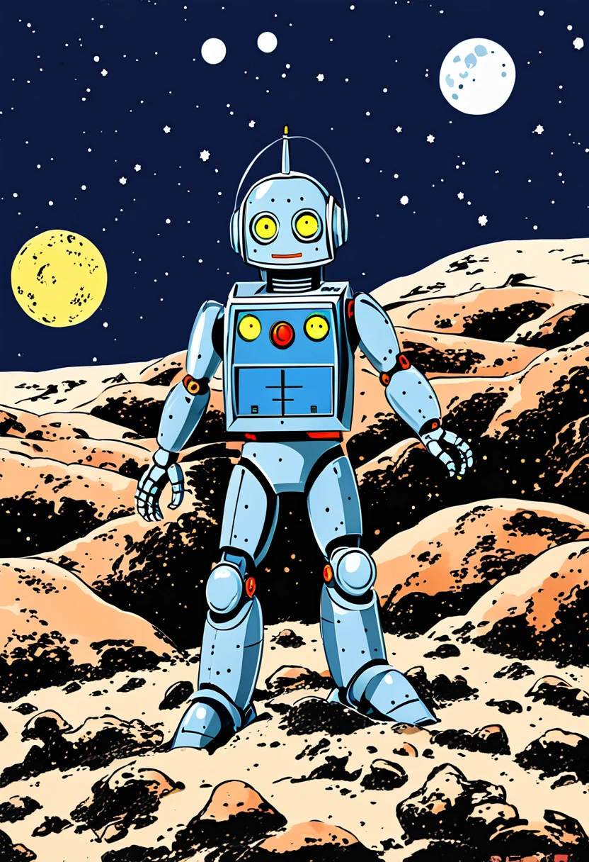 robby3 1robot a black robot on an alien planet with stars and moons in the the background <lora:robby3:1><hypernet:head1:1>