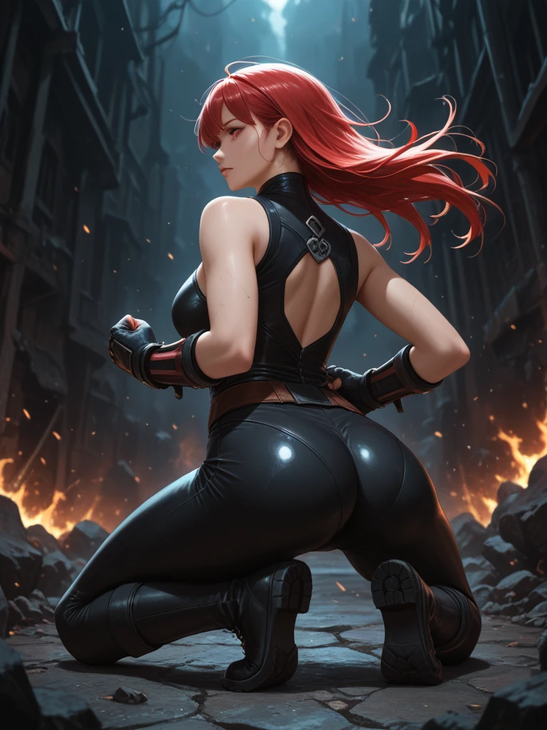 Masterpiece, Best quality,Watching from behind,Back view,《Fearless viper》, 比基尼, mitts, belt, thigh boots, respirator, view the viewer, face, Portrait, Close-up, Glowing eyes, green smoke,big assa, Black background,huge tit,Raised chest,Bare-bodied,Buttocks close up,angry look,Devil figure,Docking screen,Muscle woman,Abs,Spread your legs and squat,Look at a woman's ass from below,