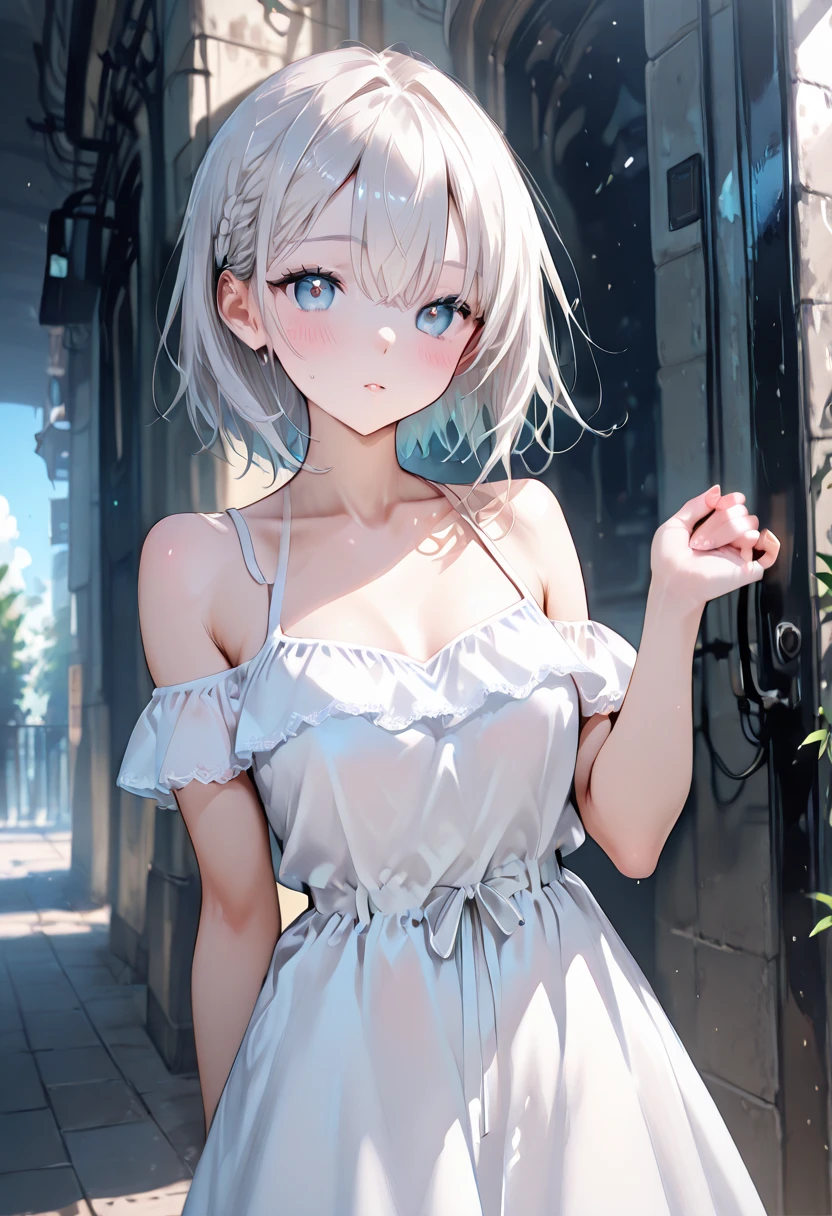 (masterpiece、highest quality、highest quality、Official Art、Beautiful and beautiful:1.2)、(One girl:1.3)Hatsune Miku、Twin tails,Beautiful breasts,Bright expression、Younger, brighter, whiter skin、Best Looks、Blonde reflection、Platinum blonde hair with dazzling highlights、Shiny bright hair,、Super long, silky straight hair、Shiny beautiful bangs、輝く透明な魅力的な大きな青いeye、A very beautiful, lovely and cute 16 year old girl、Ample breasts,美しい細かいeye, Beautifully detailed nose,(( whole body:1.5)),eye元を強調するメイク、,(A woman like Joan of Arc)、Royal Style，Comic book style, , Scattered beneath the surface, Glamorous decoration, Nature background, 超Realistic, ((Cinematic)), Dramatic lighting, Tabletop、((off-the-shoulder white shirt dress:1.4))、((Fight on the battlefield))、(Loose and fluffy perm:1.4)、One Girl、((Bob Hair:1.3))、Ultra-realistic 8K CG, perfectionな顔, perfection, clean, Tabletop, Professional artwork, Famous works of art, perfectionな顔, Beautiful Face, 美しいeye, ((perfectionな女性の体)), alone,(Immersive atmosphere, Chiaroscuro:1.5,Bright light:1.2,Bright lighting),(blush:0.5),A captivated look,Very detailed_eye,Thick thighs,Big Breasts,Beautifully detailed backgrounds,Depth of written boundary,Realistic:1.3, Long Shot,Sitting, whole body, (Ambient Light:1.3),(Cinematic composition:1.3),(Neon Light:0.1),(Hmph:0.1),Accent lighting, pantyhose,((Dynamic Pose))、(Fascinate boldly:1.5)