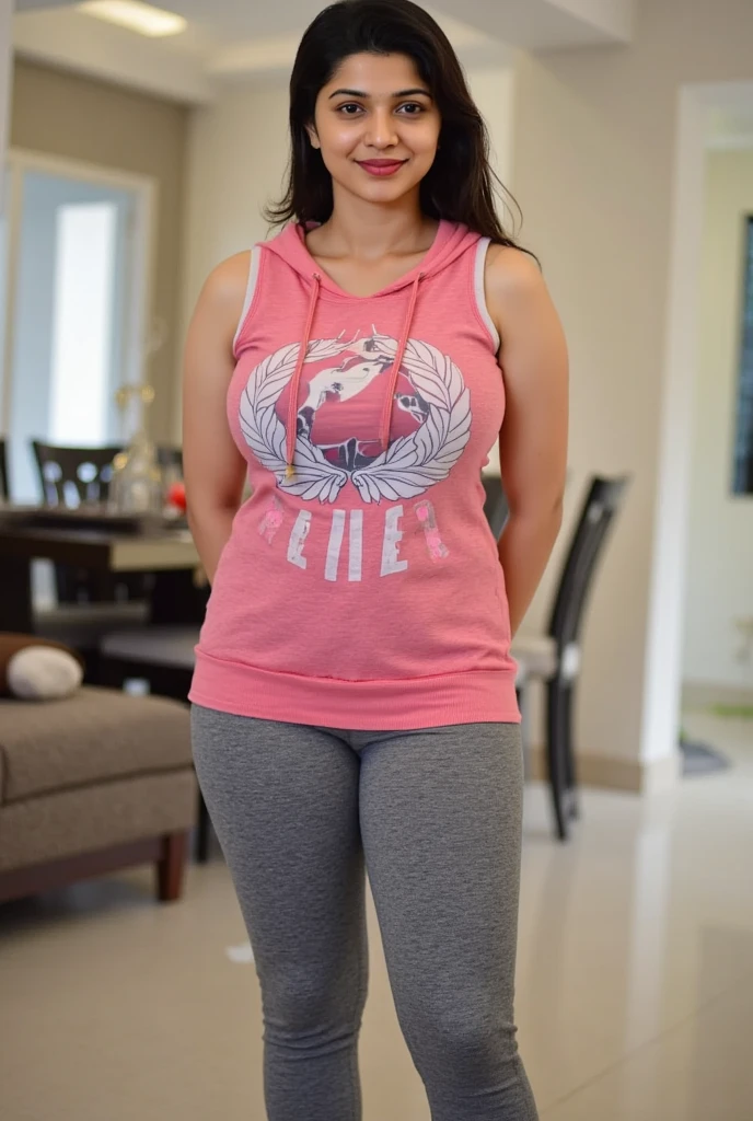 Beautiful 25yo old indian girl,woman in leggings, squatting position , front view, ananya pande face cut, photo from the front,full scene shot, in t shirt and leggings, full detail,hand,legs,slippers, shot from the front, small bust, sensual , red lips,white colour skin,8k