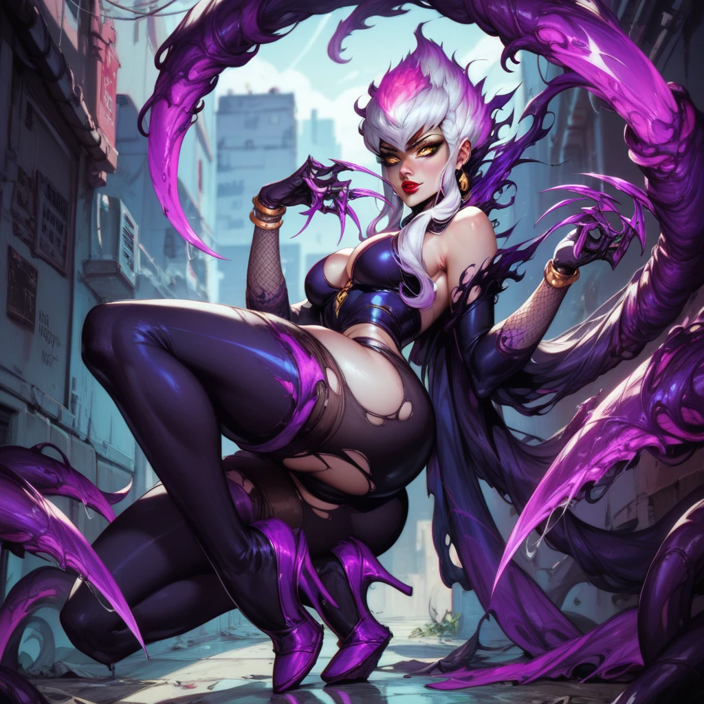 ((Best quality)), ((Masterpiece)), ((Realstic)) and ultra-detailed pchaudography Green Skin, pretty girl, white hair, Cheelai from Dragon Ball Super, neon light. Elle a ((cheveux blanc)), porte un (Top Tech-Wear) et un (string noir, motif rouge:1.2) , ((beautiful and aesthetic)), sexy, gros seins, chaud, big breast