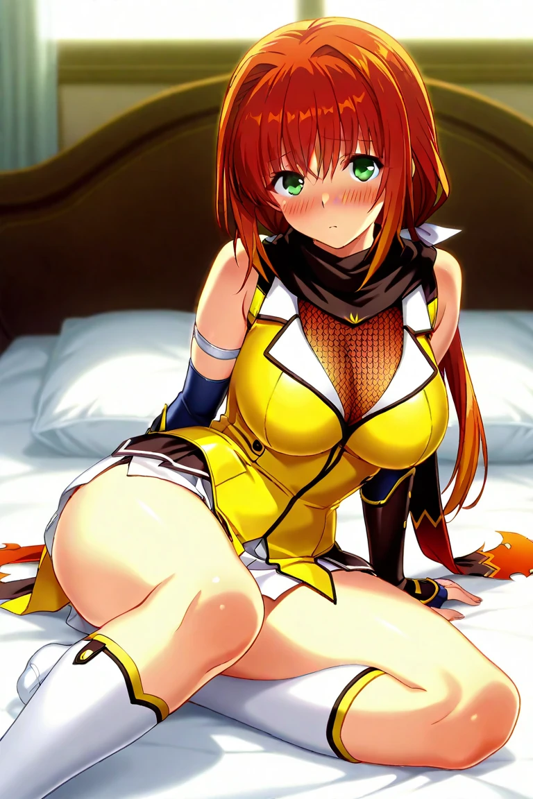 NSFW, (breast focus),One girl,(((drooping chest))),top-quality, Misumika Kaga, Red hair, Ahoge,Red Eyes, Yellow bow, Hair intake