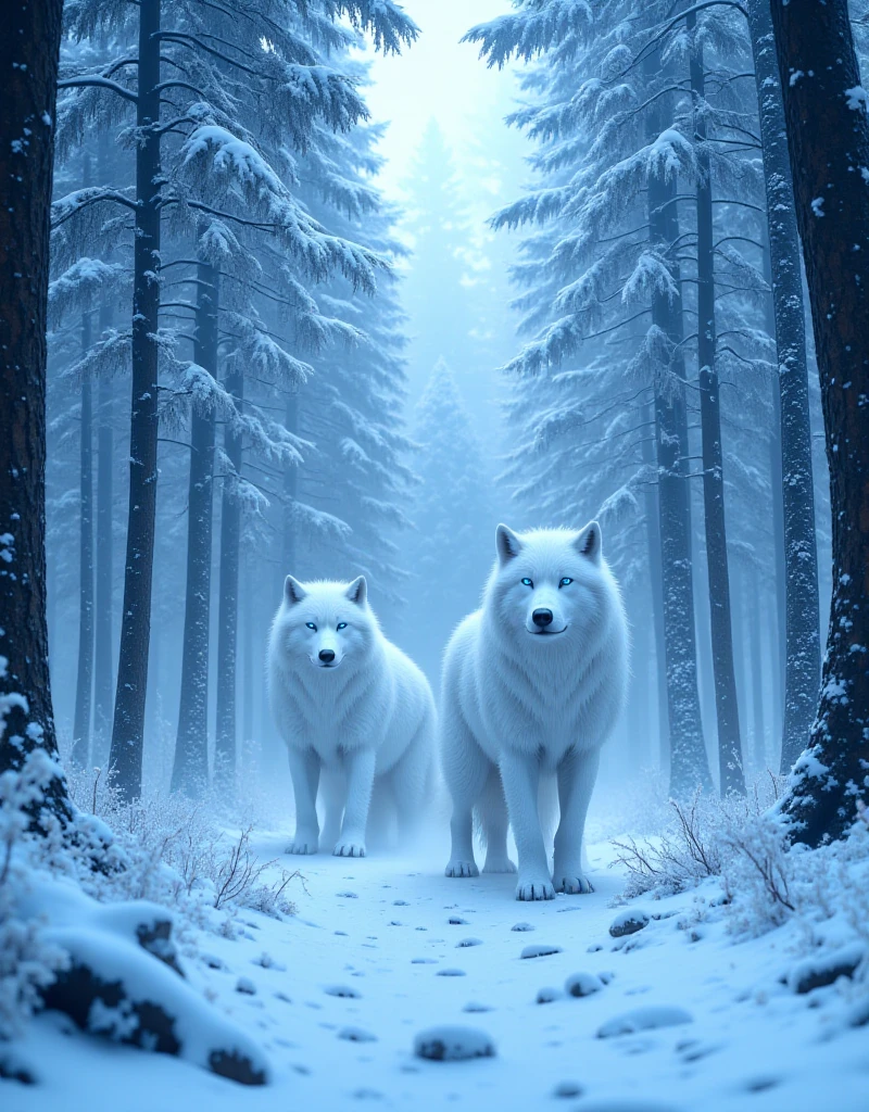 giant white wolves, glowing eyes trees, look expressive, neve, snow-covered forest of giant trees, luz do dia, Snow in the Wind, 8k, detalhado, girl, physics-based rendering, studio lighting, cores vibrantes, cold color palette, shades of blue and white