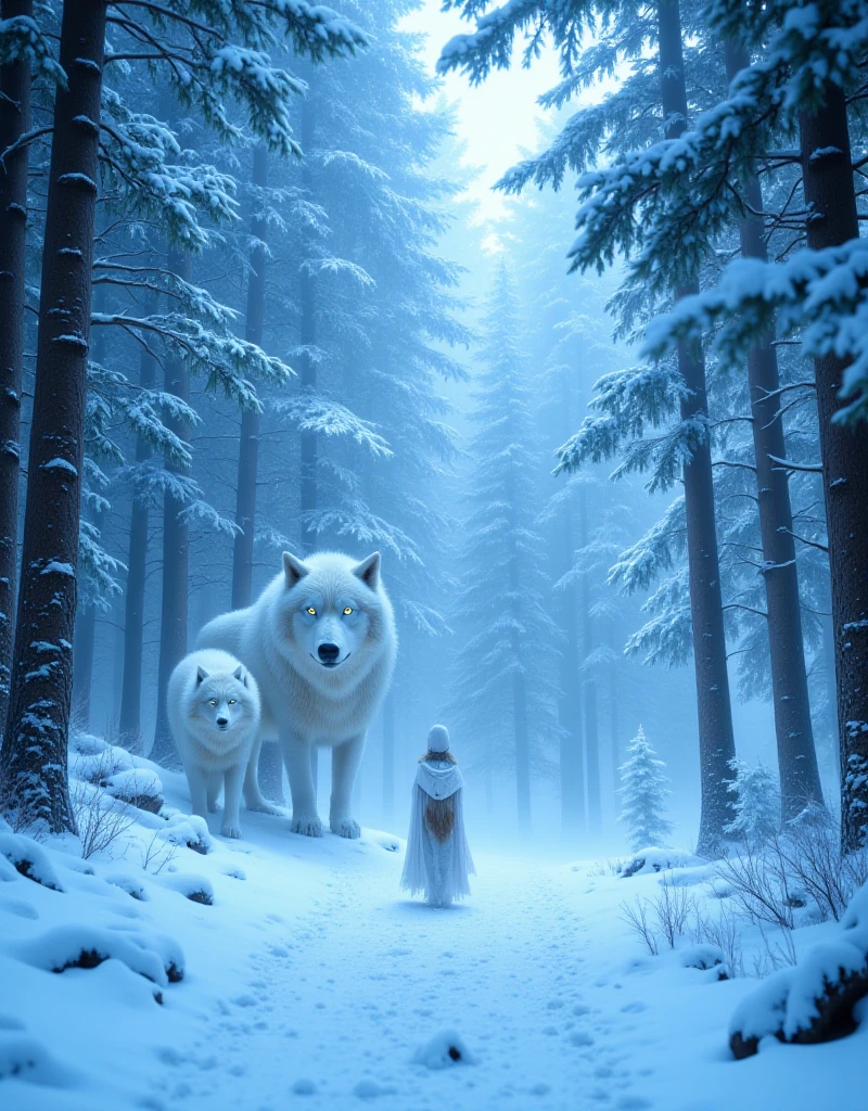 giant white wolves, glowing eyes trees, look expressive, neve, snow-covered forest of giant trees, luz do dia, Snow in the Wind, 8k, detalhado, girl, physics-based rendering, studio lighting, cores vibrantes, cold color palette, shades of blue and white