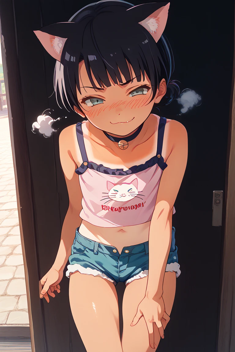 (masterpiece), (best quality), ((ultra-detailed)), (high resolution), (an extremely delicate and beautiful, super fine illustration), official art, BREAK 1girl, (:1.5), (tiny girl:1.7), (5yo:) flat chest, Plump, (Thick thighs:1.5), (big ass:1.5), erect nipples, Huge areola, large nipples, long nipples, erect nipples, oily skin, BREAK droopy eyes, emerald blue eyes, (bad mood:1.3), (clear face:1.3), (half closed eyes:1.4), BREAK bob cut, tired hair, messy hair, Black hair color, girl wearing black round glasses, BREAK (sundress), (torn clothes:1.7), (bare foot:1.4), BREAK Sweat, steam, humid, NSFW, (dirty body:1.4), BREAK 1man, (tall man:1.5), fat man, dark skin man (huge penis:1.4), long penis, thick penis, BREAK (A bowl of coins sits next to the girl), (sitting on the alley), BREAK (dynamic angle:1.7),