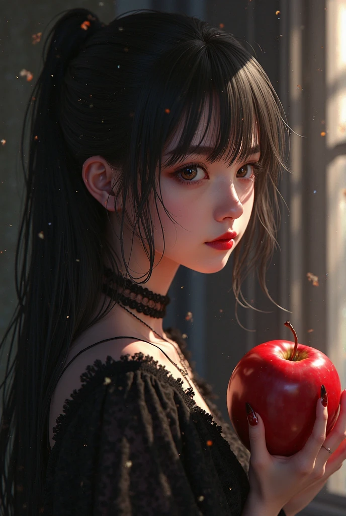 ((RAW photos),Absurd ,(Absurd 分辨率)),masterpiece,Best quality,(extremely detailed 8k unity CG wallpaper),(Most Best Illustration),(BEST SHADOW),Realistic lighting,Beautiful and detailed brilliance ,((21yo)),girl,longblackhair,Black Queen,accessories,Hold an apple,Poison apples,Witch Queen,red lipsticks,(((Her photography perspective)))