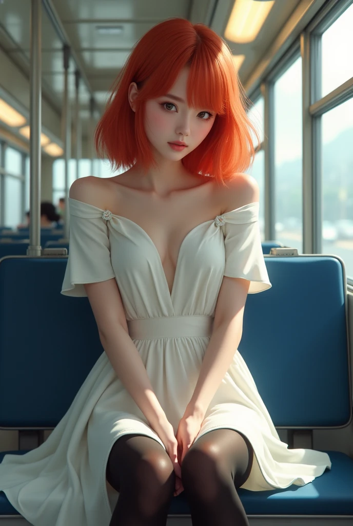red hair, white dress,black stocking,site in the bus